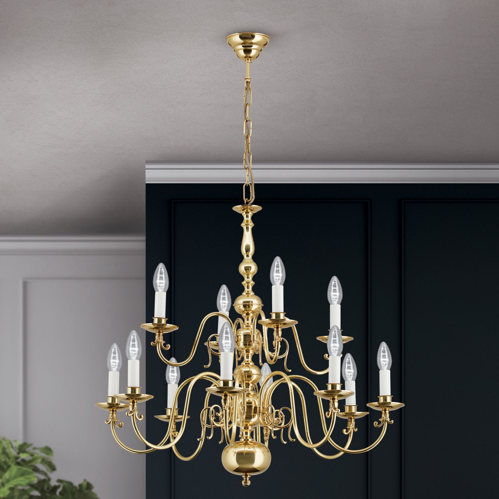 Chandelier FLÄMISCH, 12-flames, shiny brass