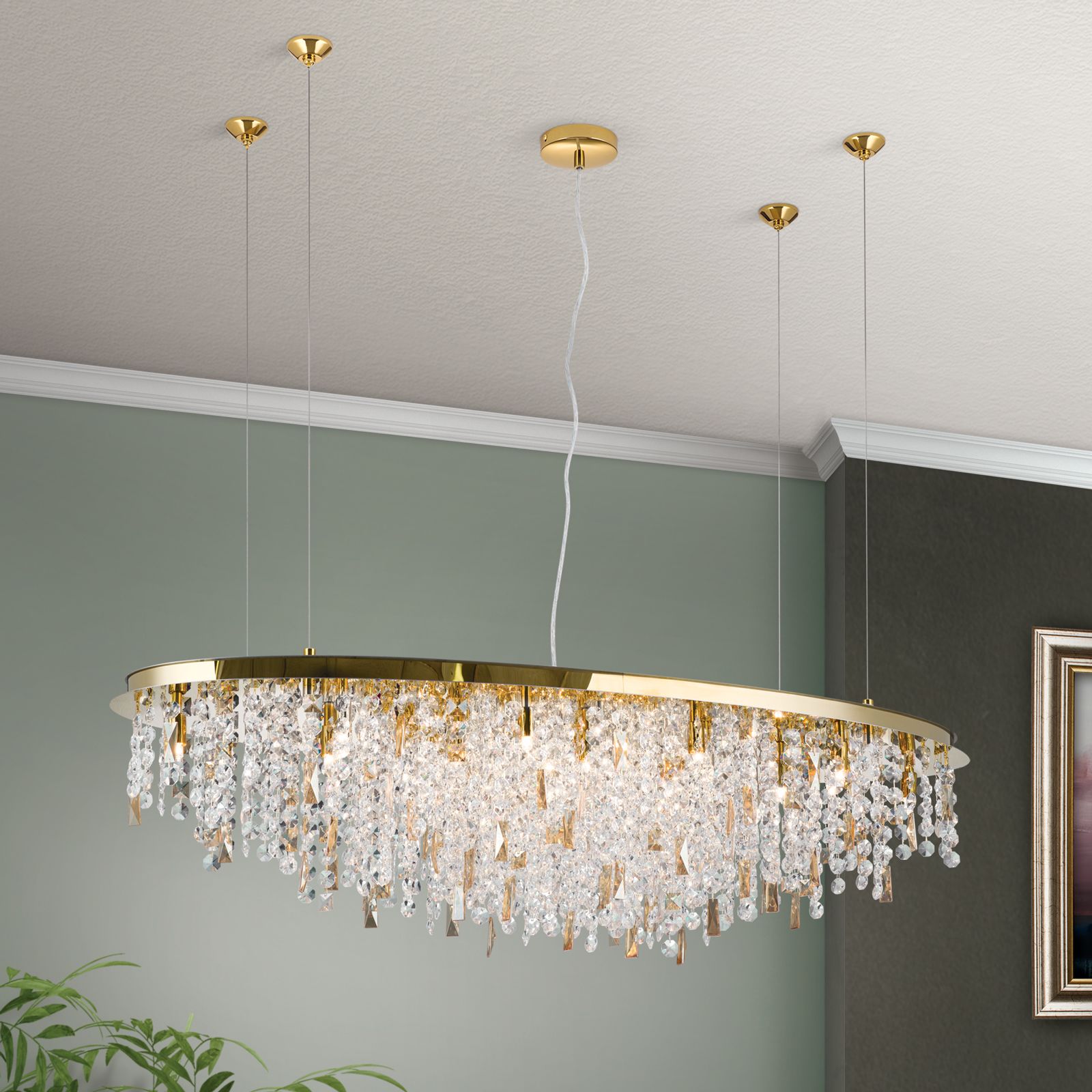 Crystal ceiling light CRYSTALRIVER 21-flamess, gold