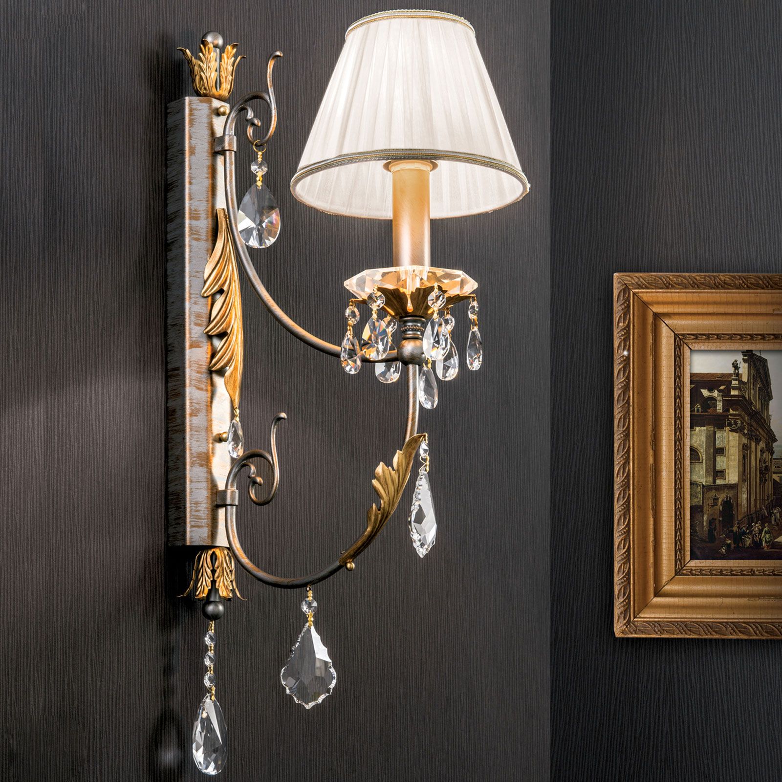 Wandleuchte MIRAMARE, 1-flammig, Silbergold, mit organza weißem Schirm