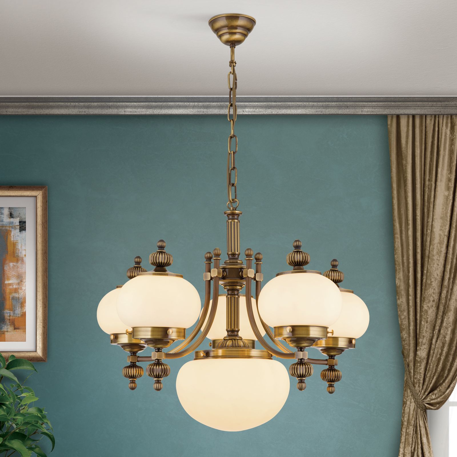 Chandelier WIENER NOSTALGIE, 5+1 lamps, antique brass finish, upwards, champagne coloured glasses
