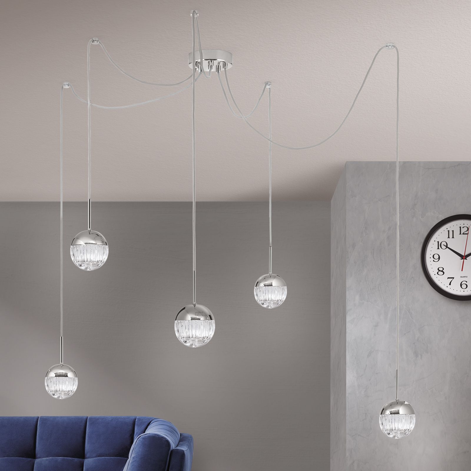 Cluster light BALL, 5-flames, nickel, with clear crystal glass in line cut