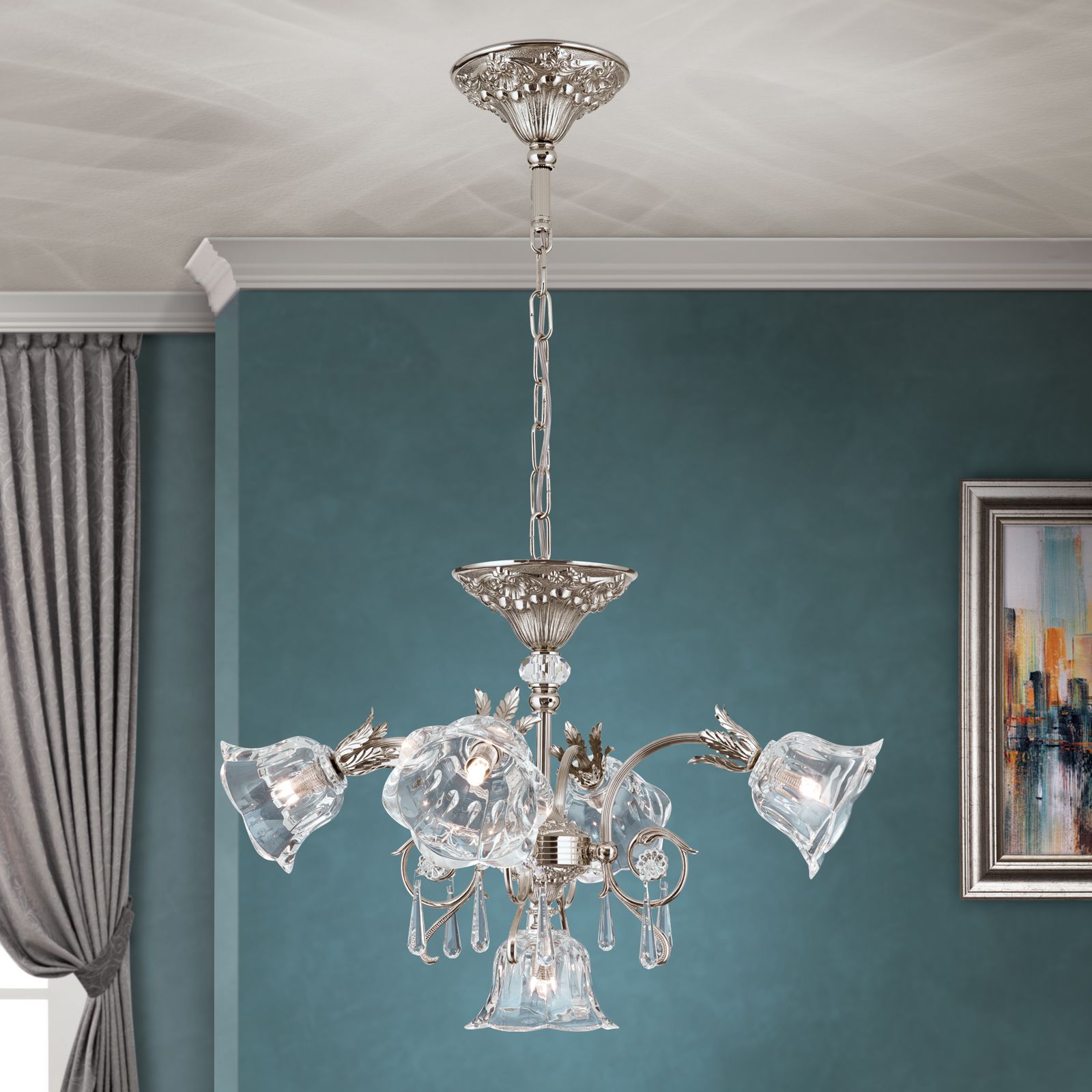 Chandelier LA BOHEME, 5 lamps, antique silver finish