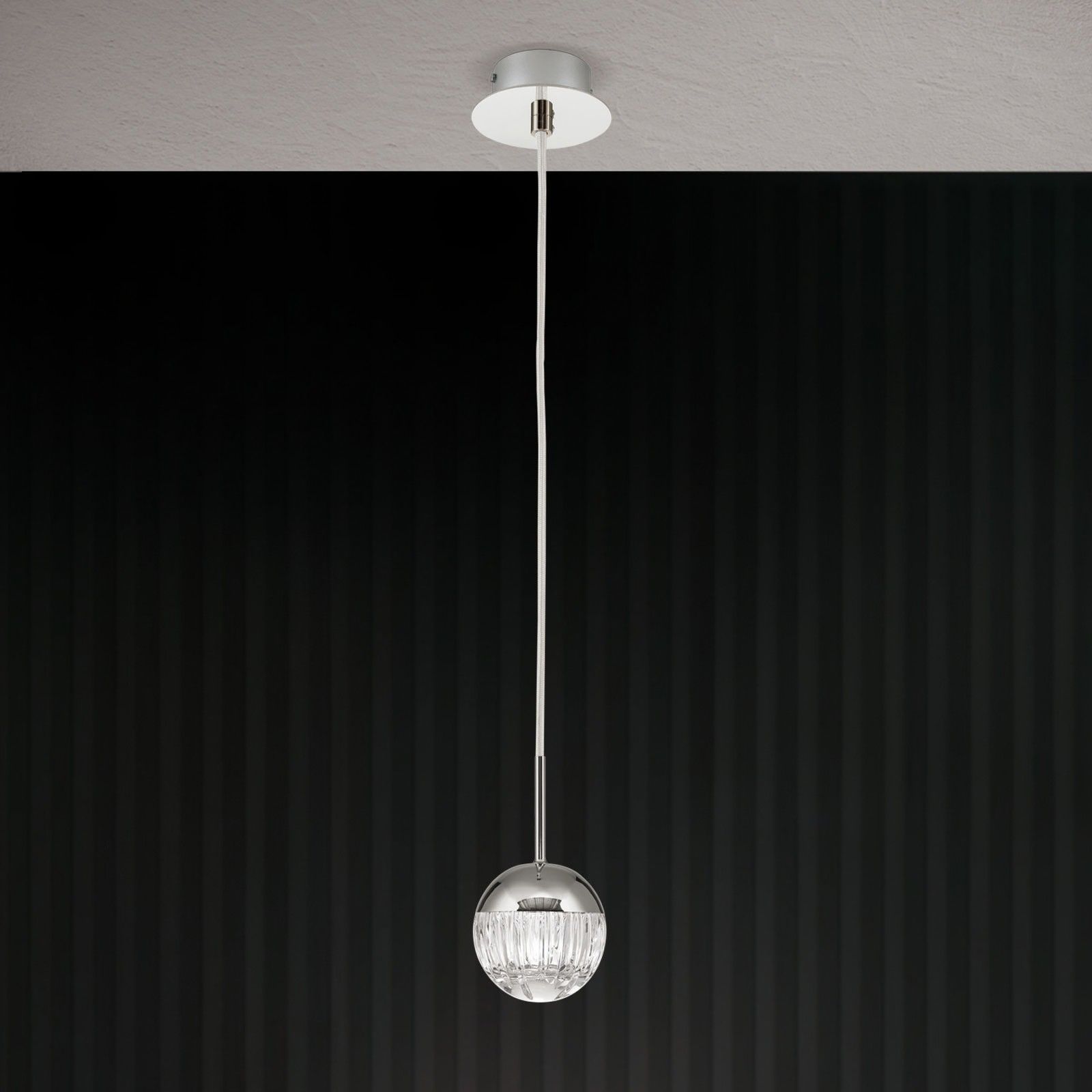 Round pendant lamp BALL, nickel, with clear crystal glass in line cut