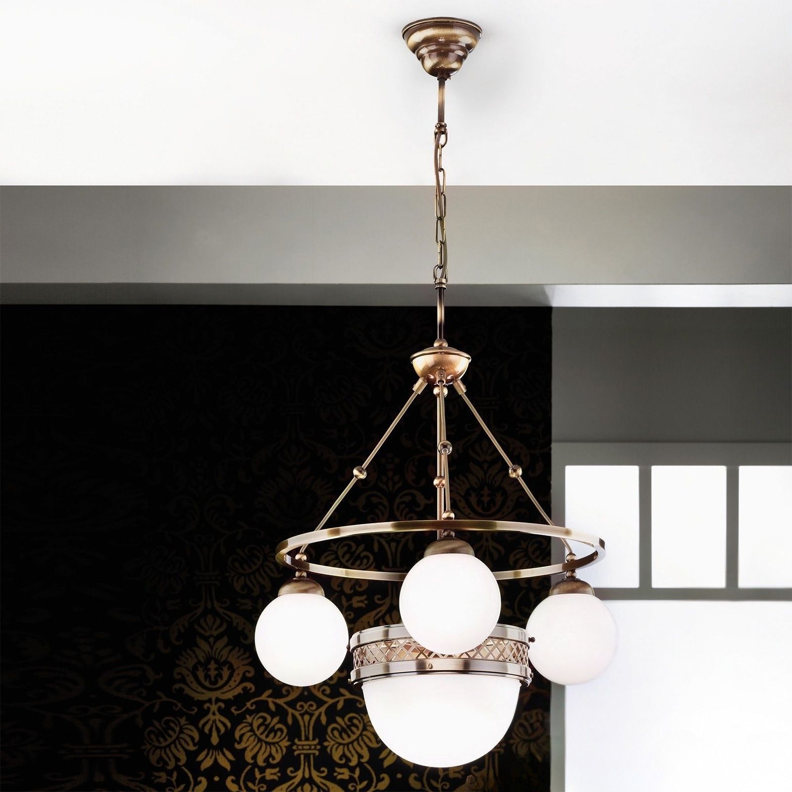 Alt Wien Chandelier, 3+1 shiny opal glasses, Surface Antique Brass