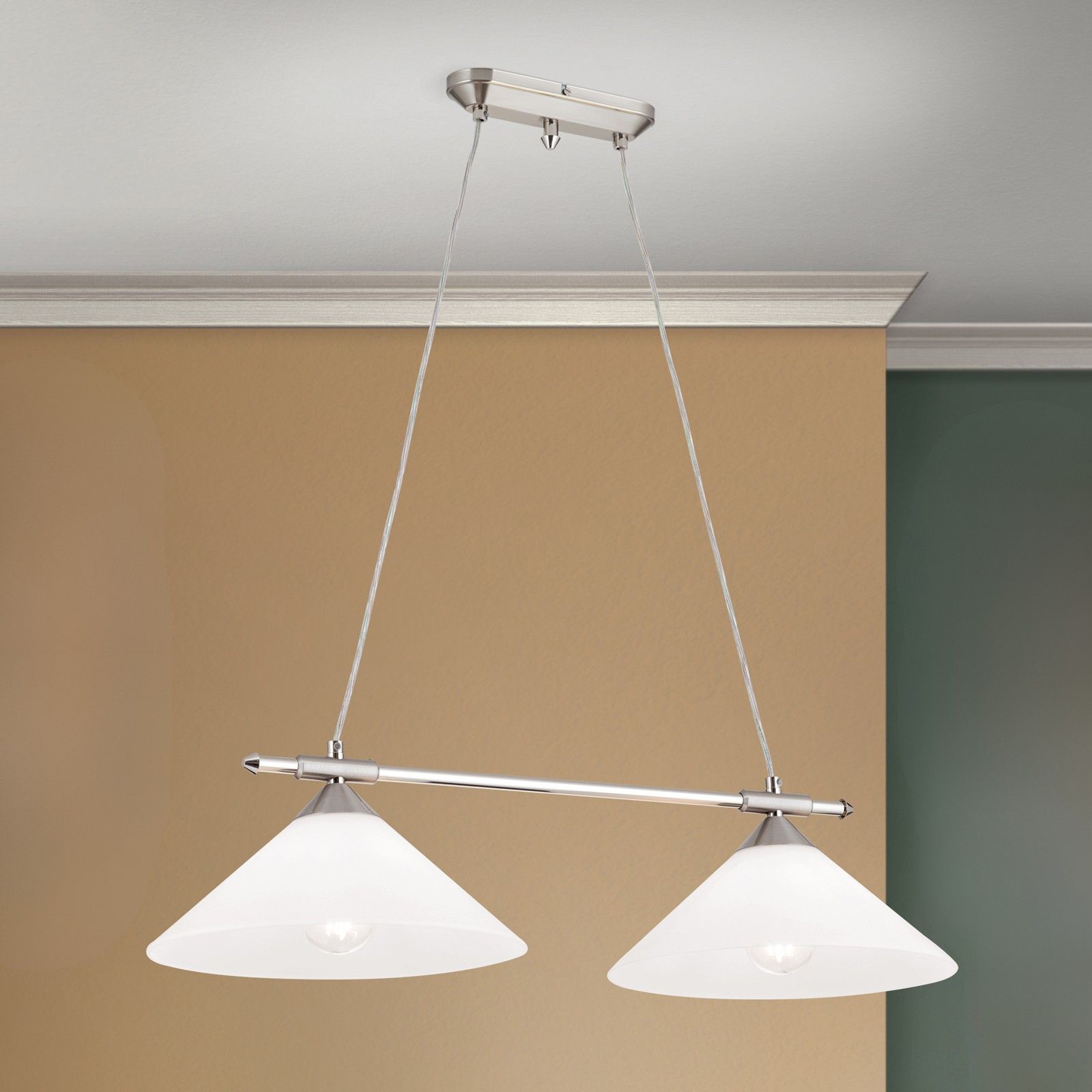 ARTDESIGN double penant lamp, satin chrome finish & opal glass shades