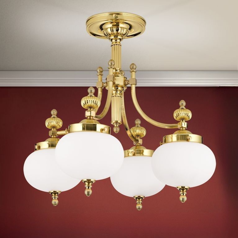Ceiling chandelier WIENER NOSTALGIE, 4-flames, shiny brass, with opal matt glass