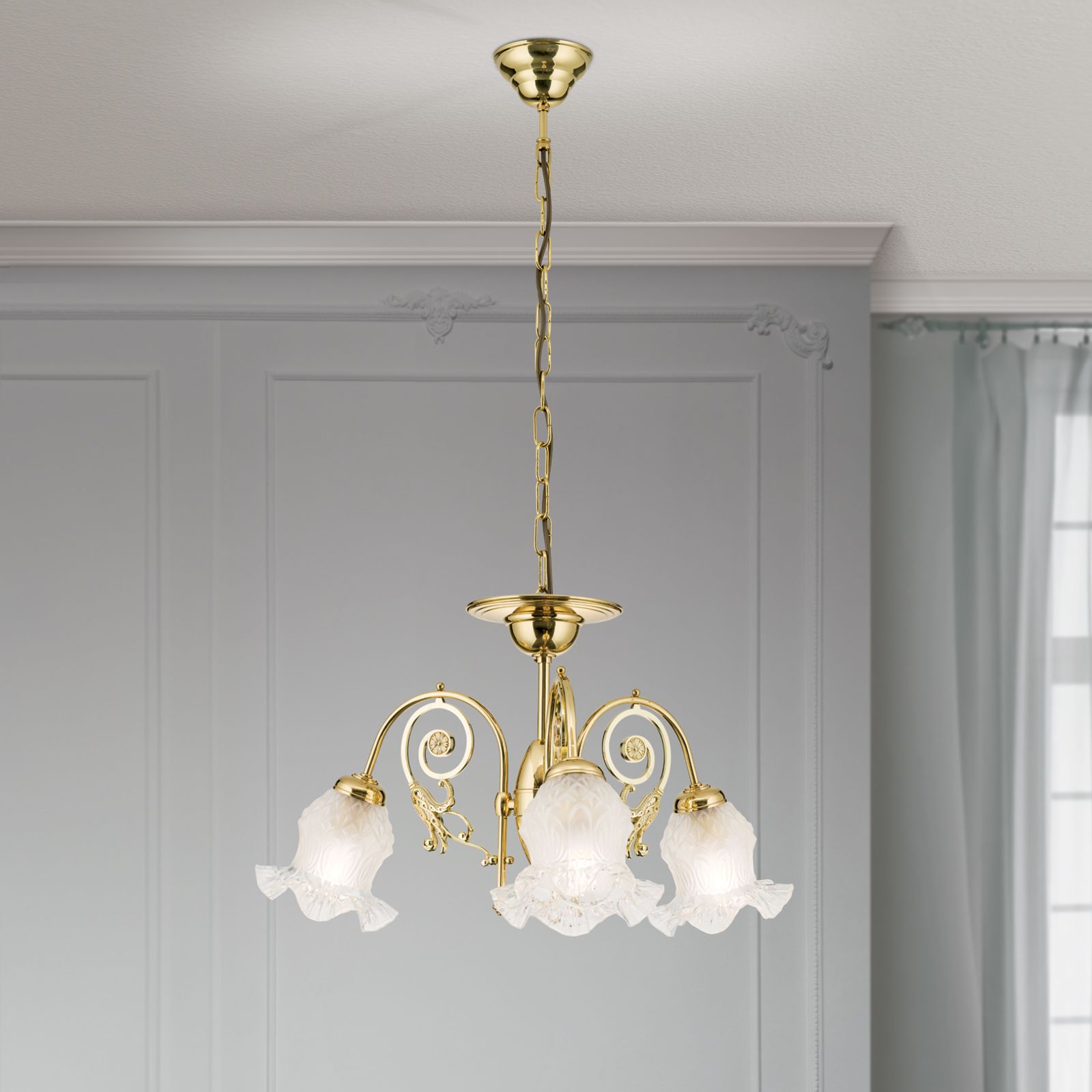 Chandelier RINGSTRASSE, 3 lamps, shiny brass finish with decorated glasses