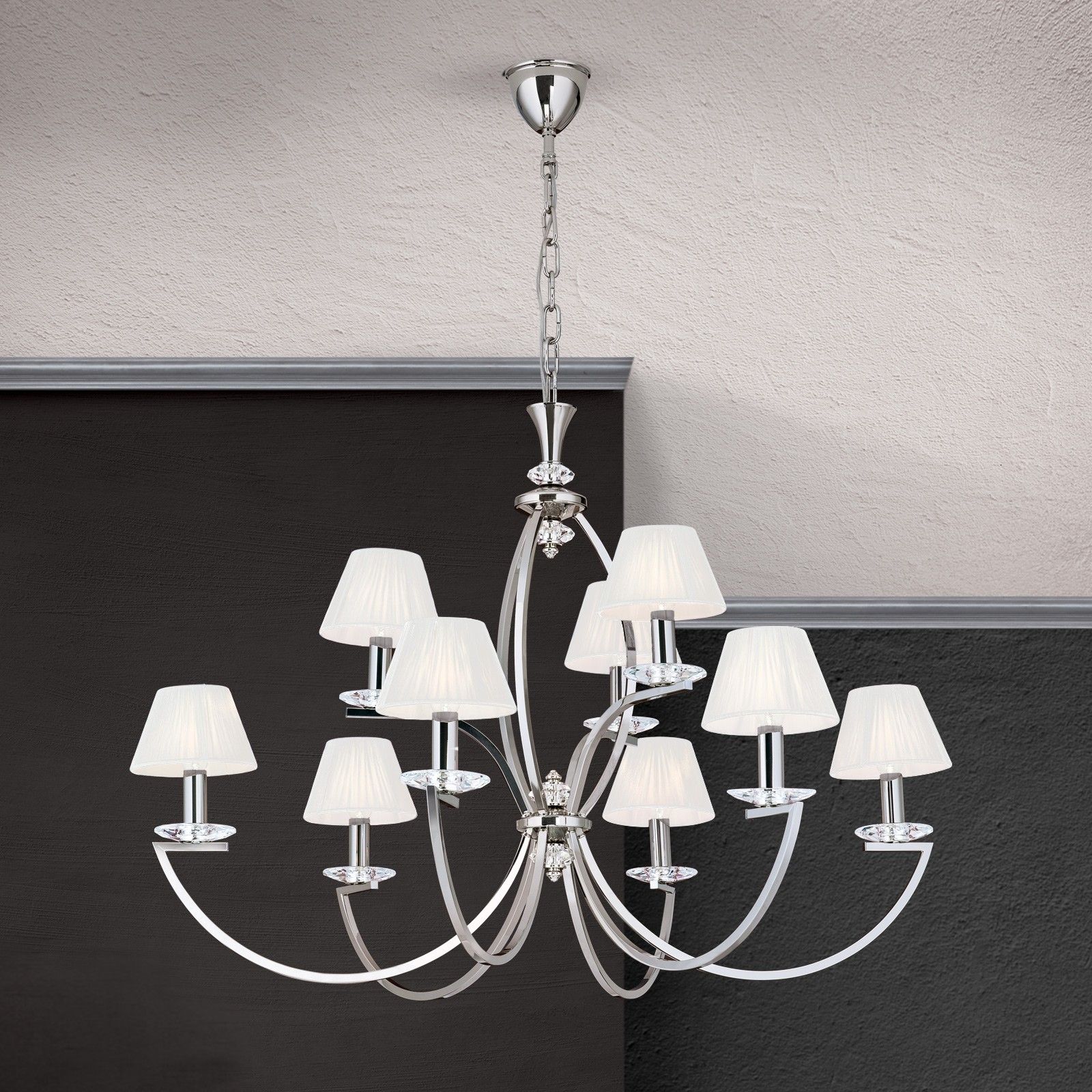 Luster AVALA, 9-flammig, Nickel mit weißen Schirmen
