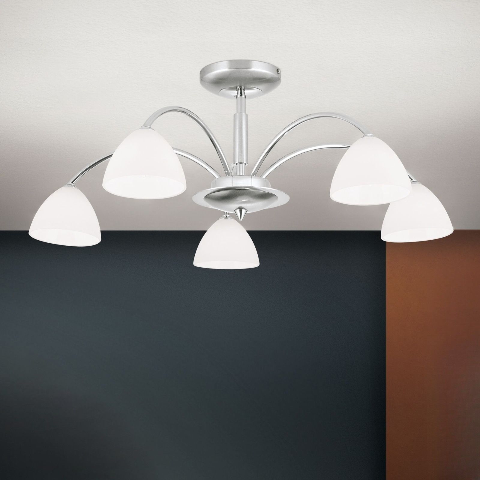 OPALDESIGN ceiling light, 5 lamps, satin chrome with opal glasses