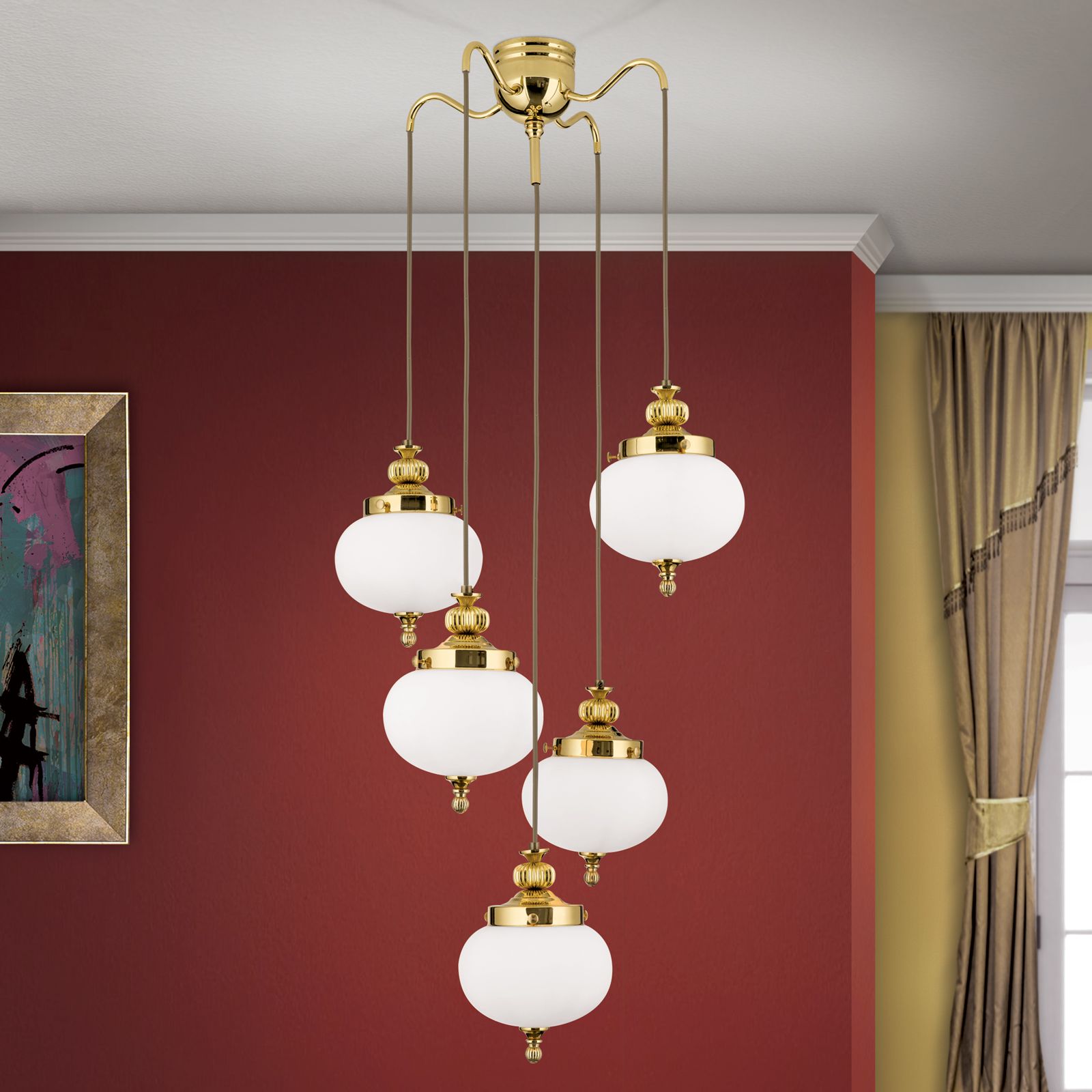 Chandelier WIENER NOSTALGIE, 4+1-lamps, shiny brass, with opal matt glass