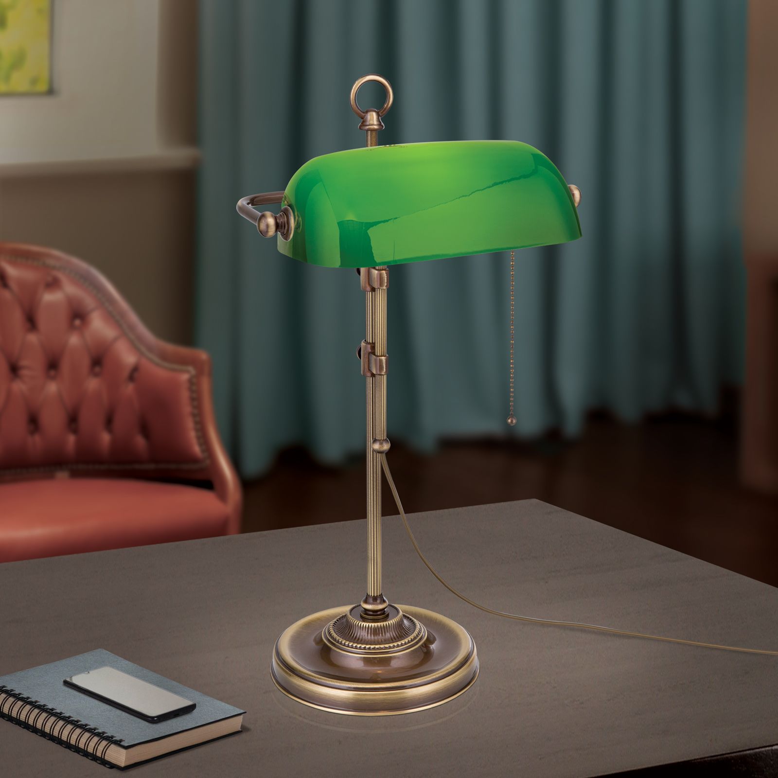 Bankerslamp HARVARD, Patina mit grünem Glasschirm, 53cm