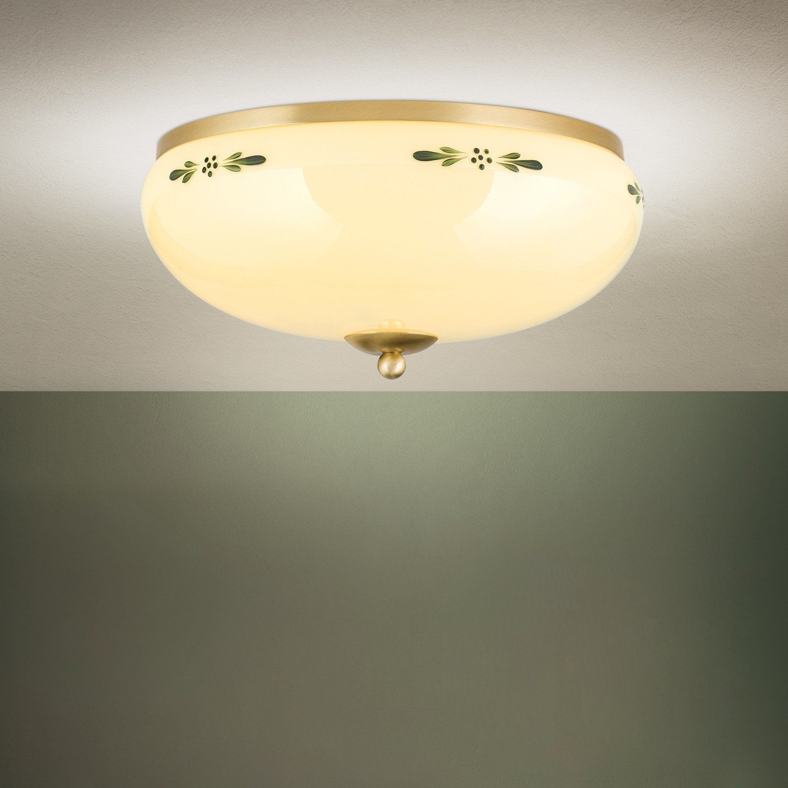 Deckenleuchte LANDHAUS, Messing, mit grünem Dekor, mit Knopf, Ø 35cm