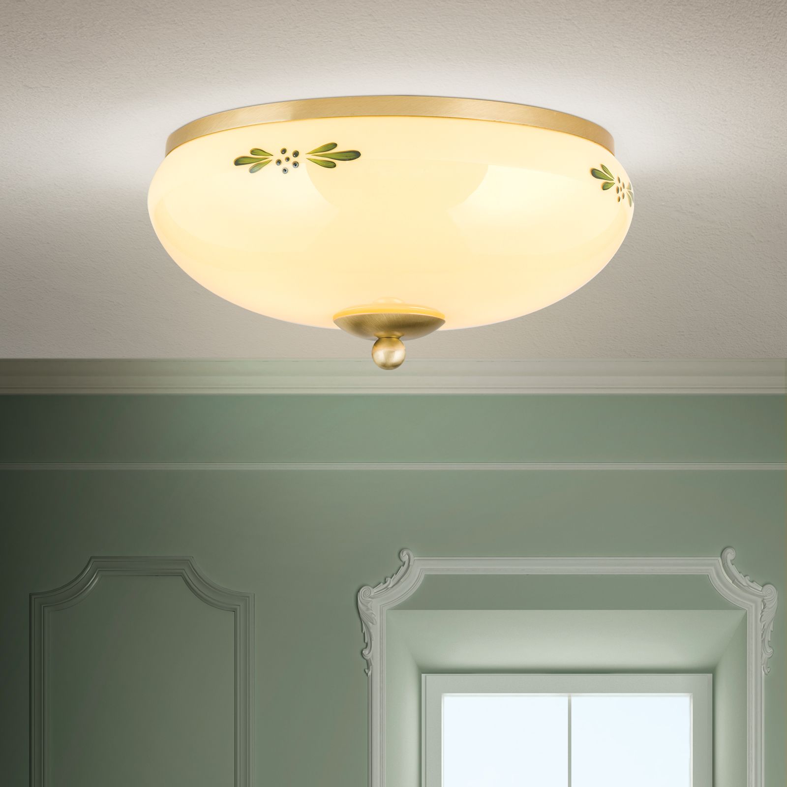 Deckenleuchte LANDHAUS, Messing, mit grünem Dekor, mit Knopf, Ø 28cm