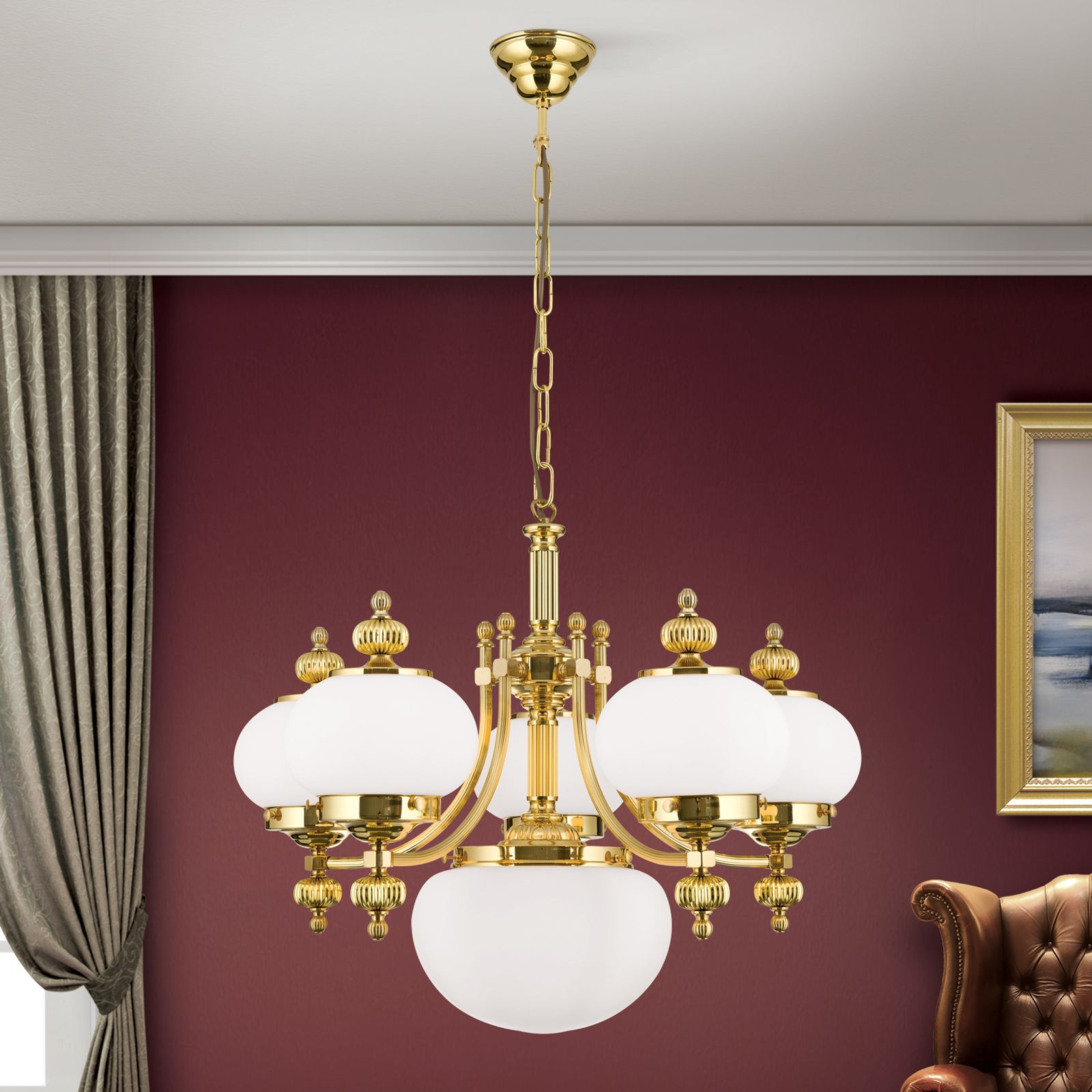 Chandelier WIENER NOSTALGIE, 5+1-flames, shiny brass, with opal matt glass, upwards