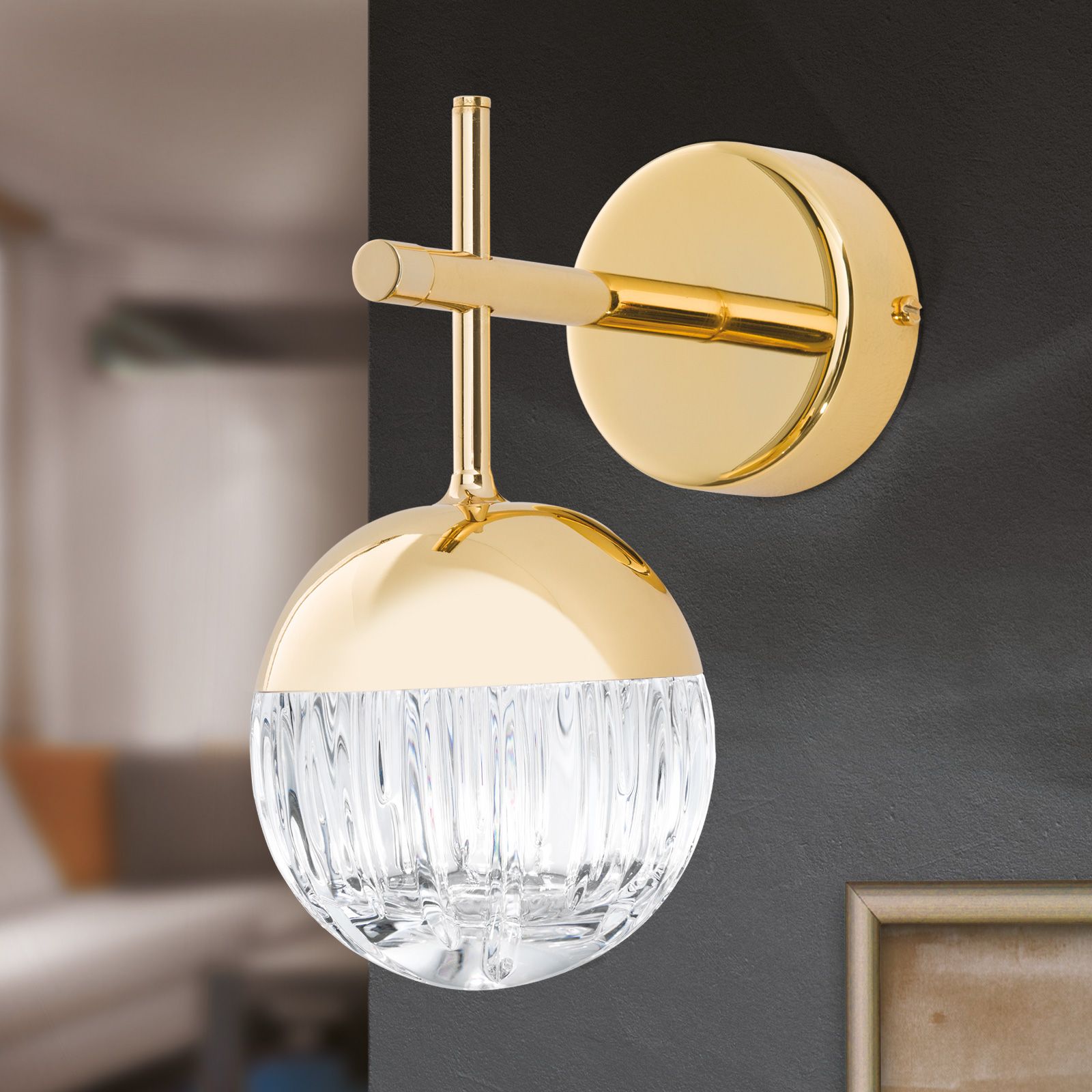 BALL wall light, 24K gold plated with clear crystal glass with handmade line cut