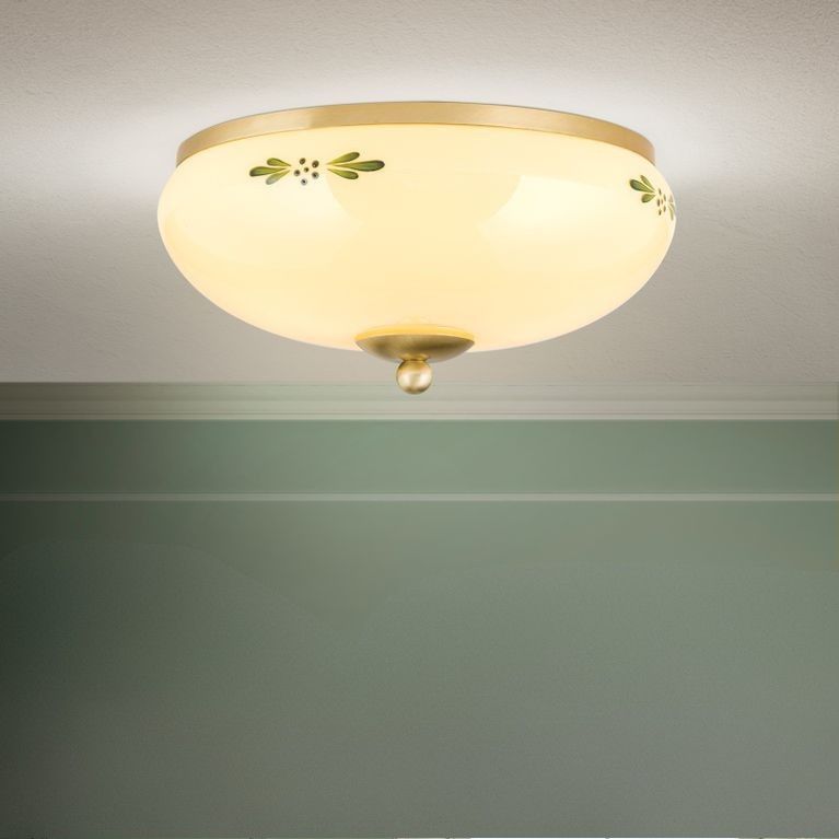 Deckenleuchte LANDHAUS, Messing, mit grünem Dekor, mit Knopf, Ø 28cm