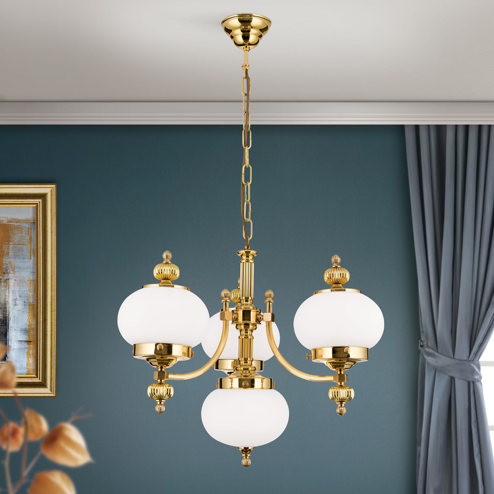 Chandelier WIENER NOSTALGIE, 3+1-flames, shiny brass, with opal matt glass, upwards