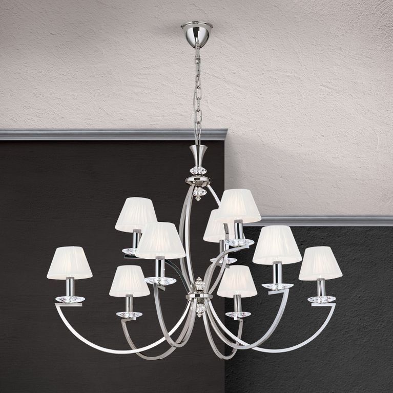 Chandelier Avala, 9-flames, nickel with white shades