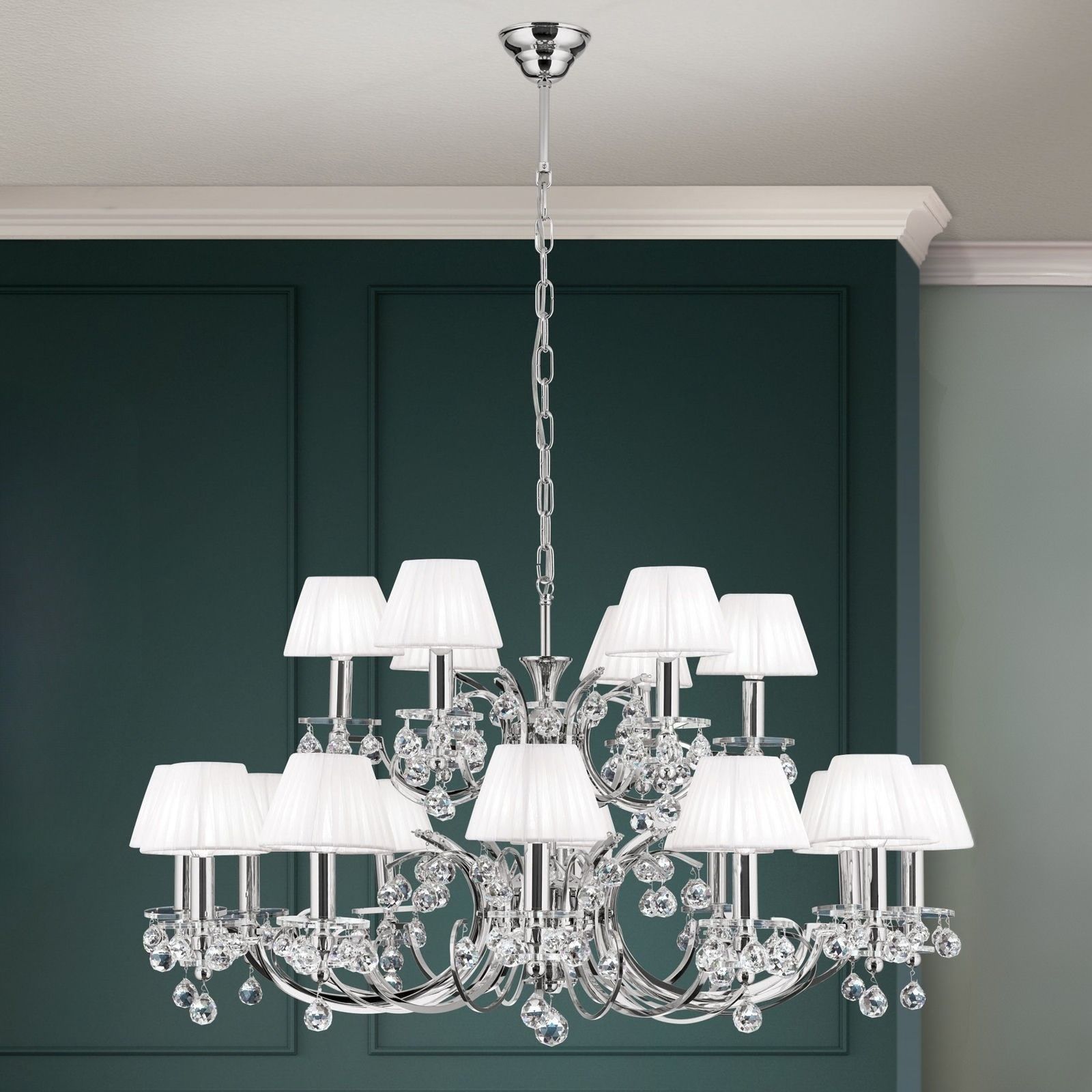 Kristalldesign crystal chandelier, 18 lamps, chrome plated with white shades