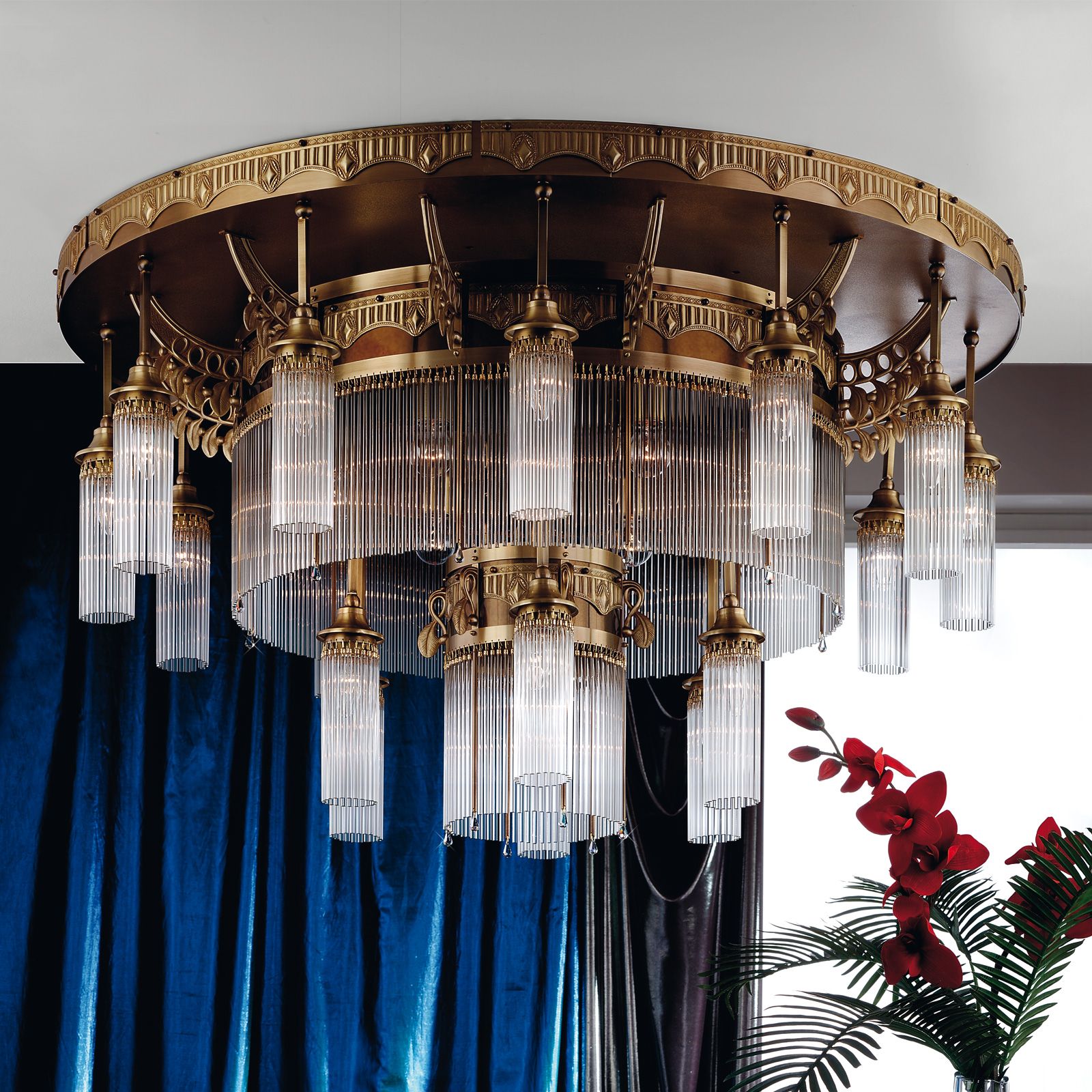 Deckenluster ADELE, 25-flammig, Altmessing, mit Stäbchen