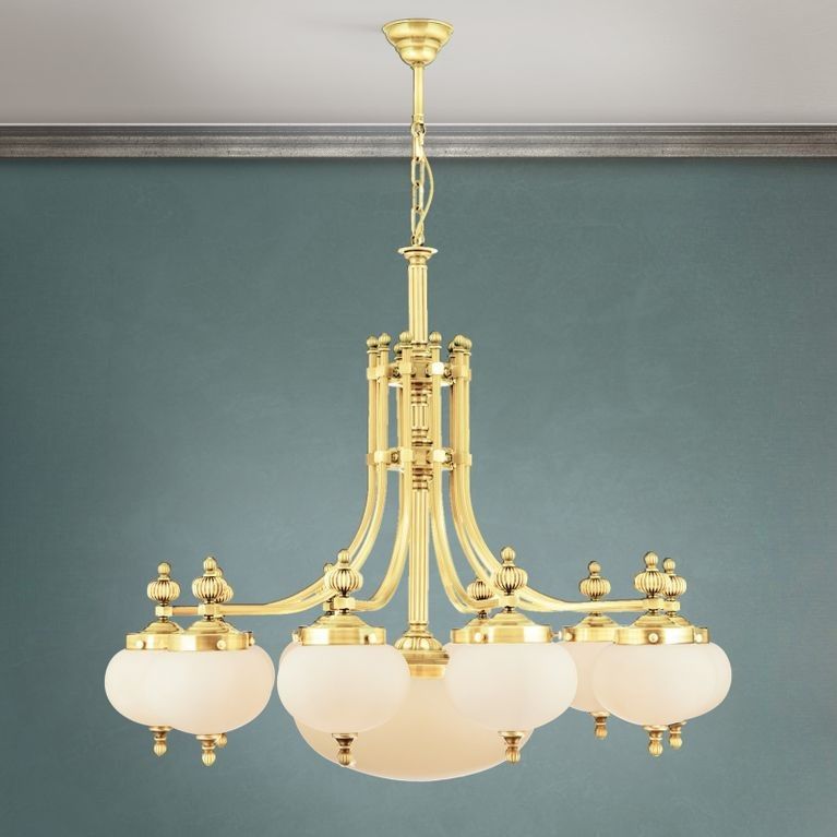 Chandelier WIENER NOSTALGIE, 10+1-lamps, shiny brass, with opal matte glass, downward