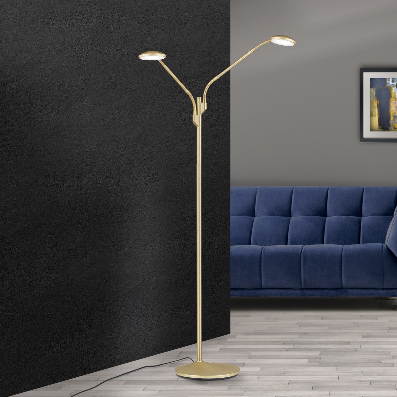 LED floor lamp COBRA, 2-flames, brass matt