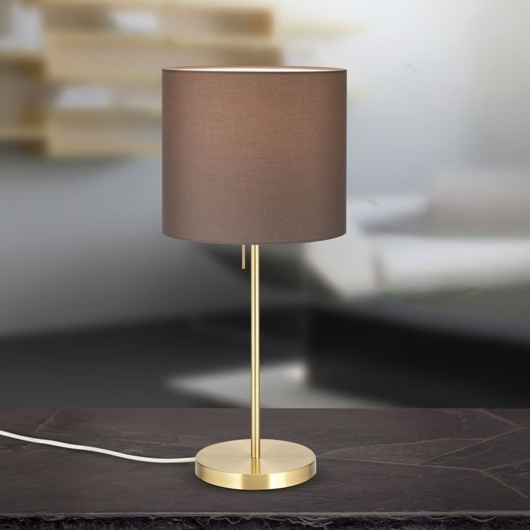 Tischleuchte SHADE, Medium, Messing-matt, mit zylindrischem, braunem Schirm