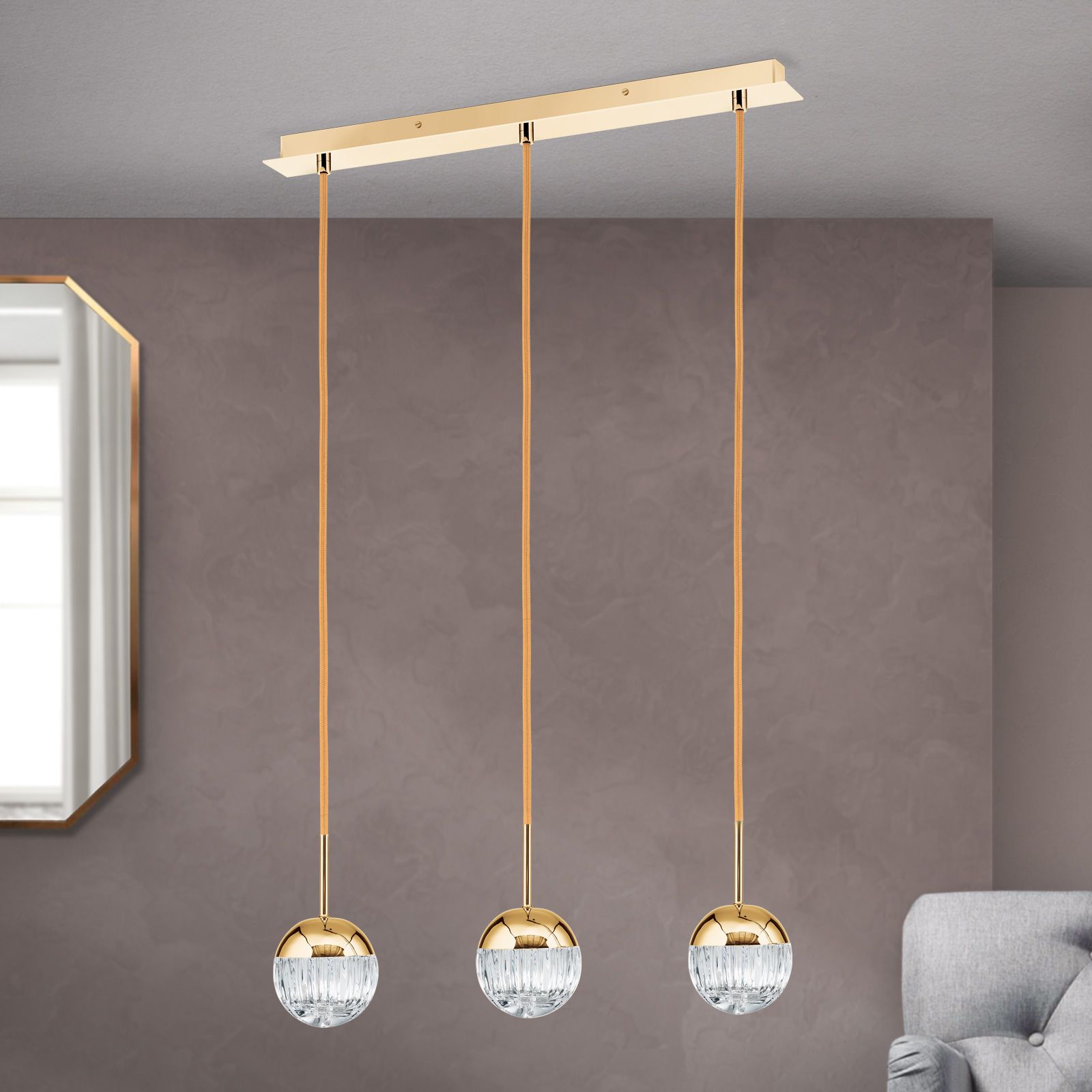 BALL pendant light, 3 lamps, 24K gold plated with clear crystal glasses with handmade line cut