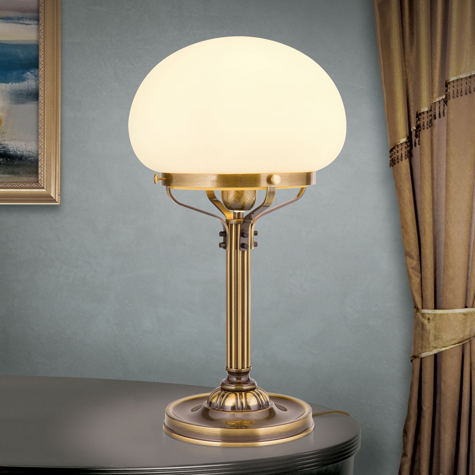 Table lamp WIENER NOSTALGIE, H51cm, antique brass finish, champagne coloured glass