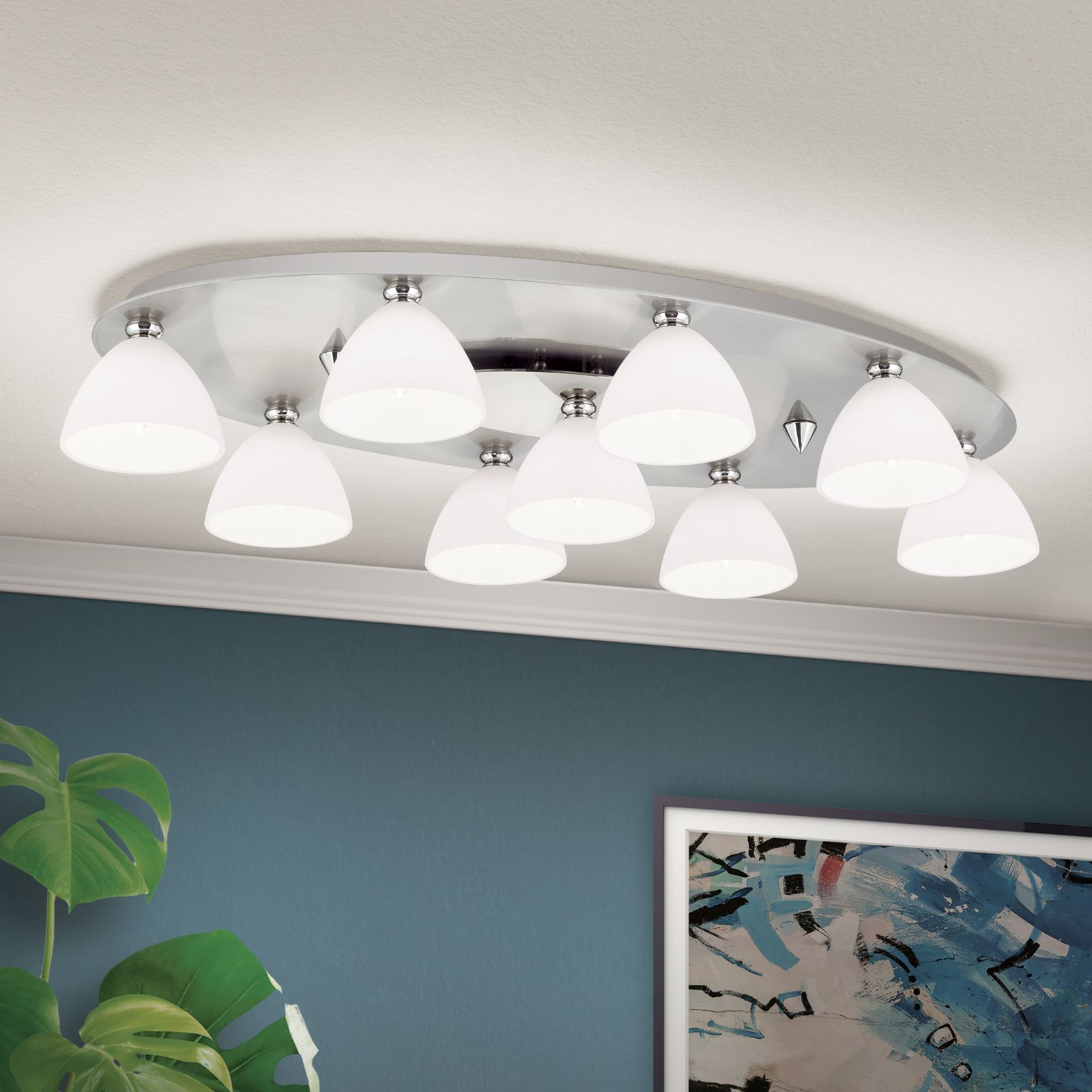 Deckenleuchte OPALDESIGN, 9-flammig, Satin, mit Opalgläsern