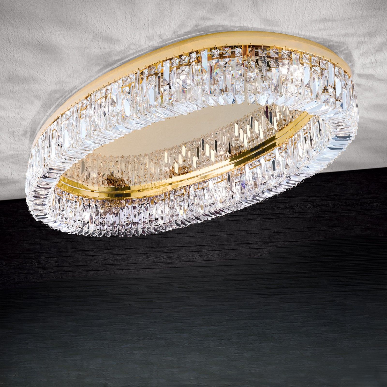 Crystal ceiling light RING, 12-flames, oval, gold