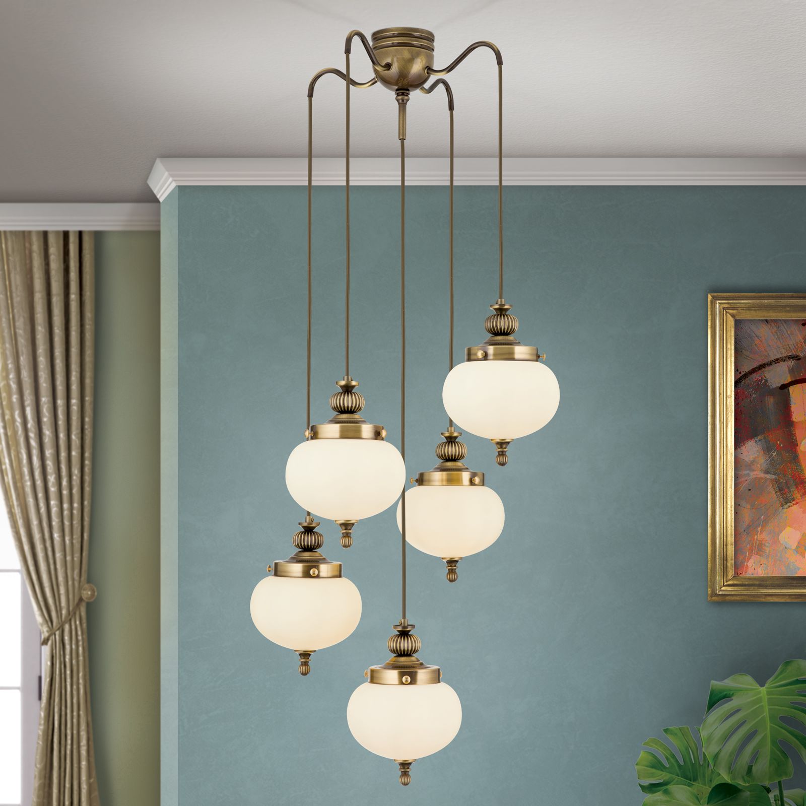 Ceiling light WIENER NOSTALGIE, 4+1 lamps, antique brass finish, champagne coloured glasses