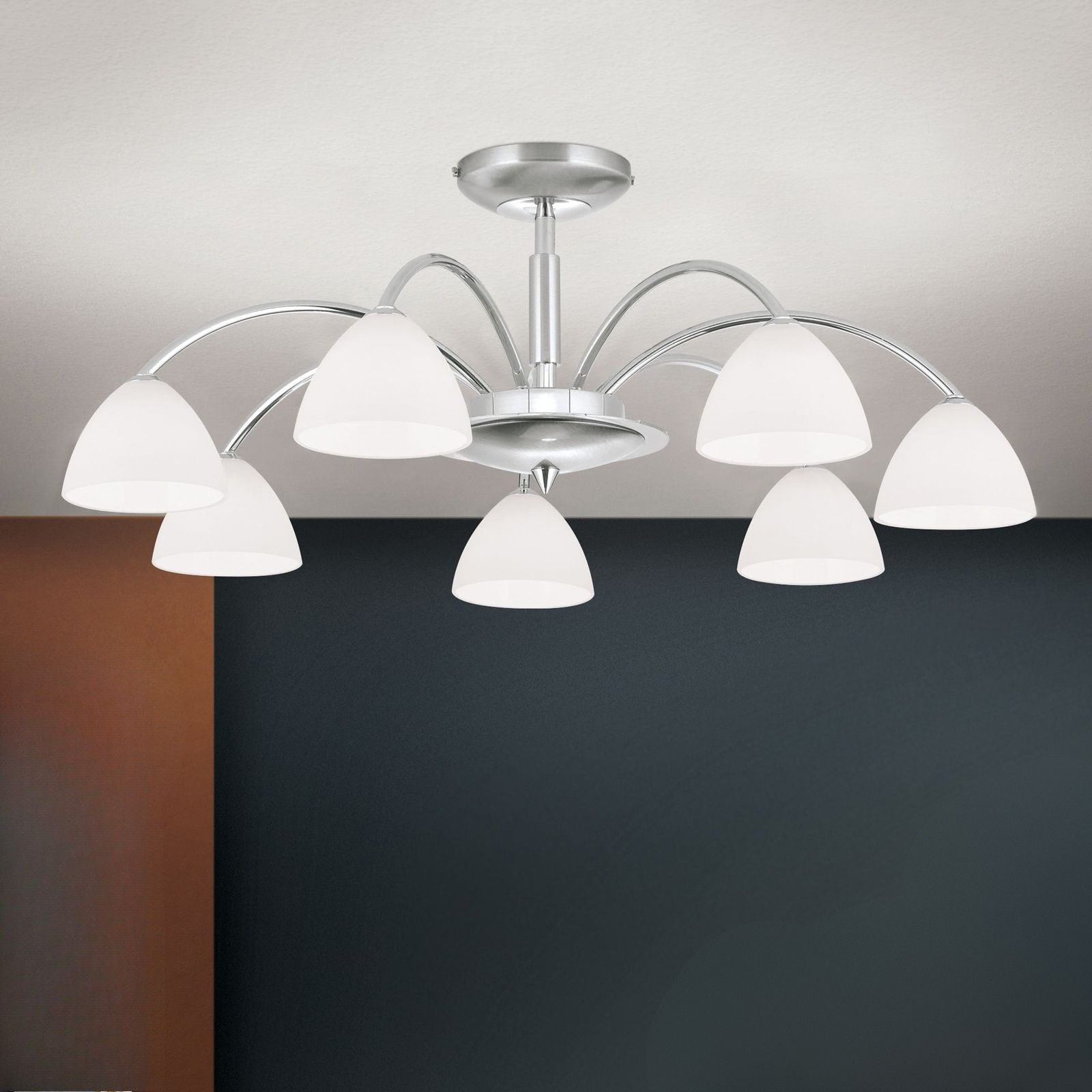 OPALDESIGN ceiling light, 7 lamps, satin chrome with opal glasses
