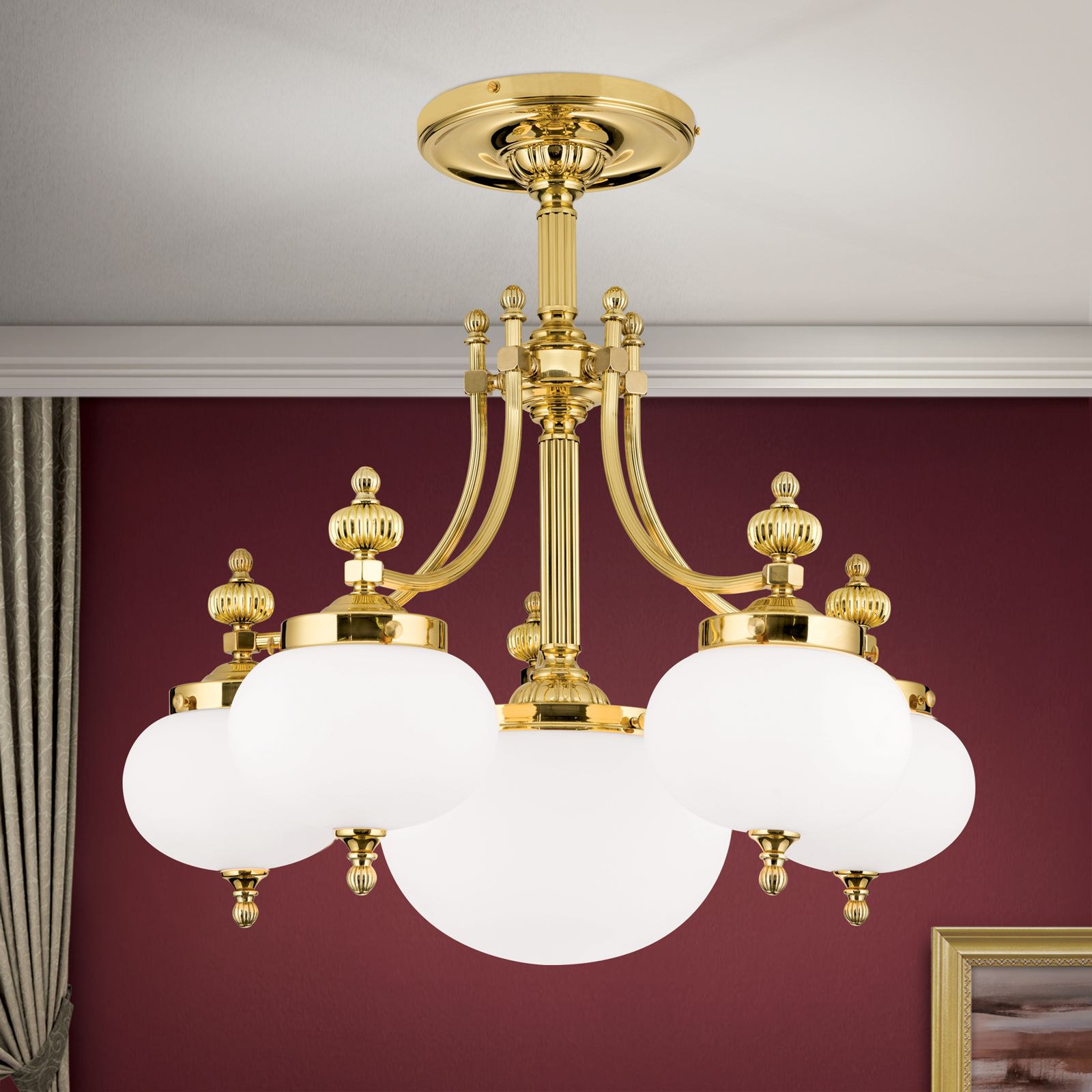 Ceiling chandelier WIENER NOSTALGIE, 5+1-flames, shiny brass, with opal matt glass