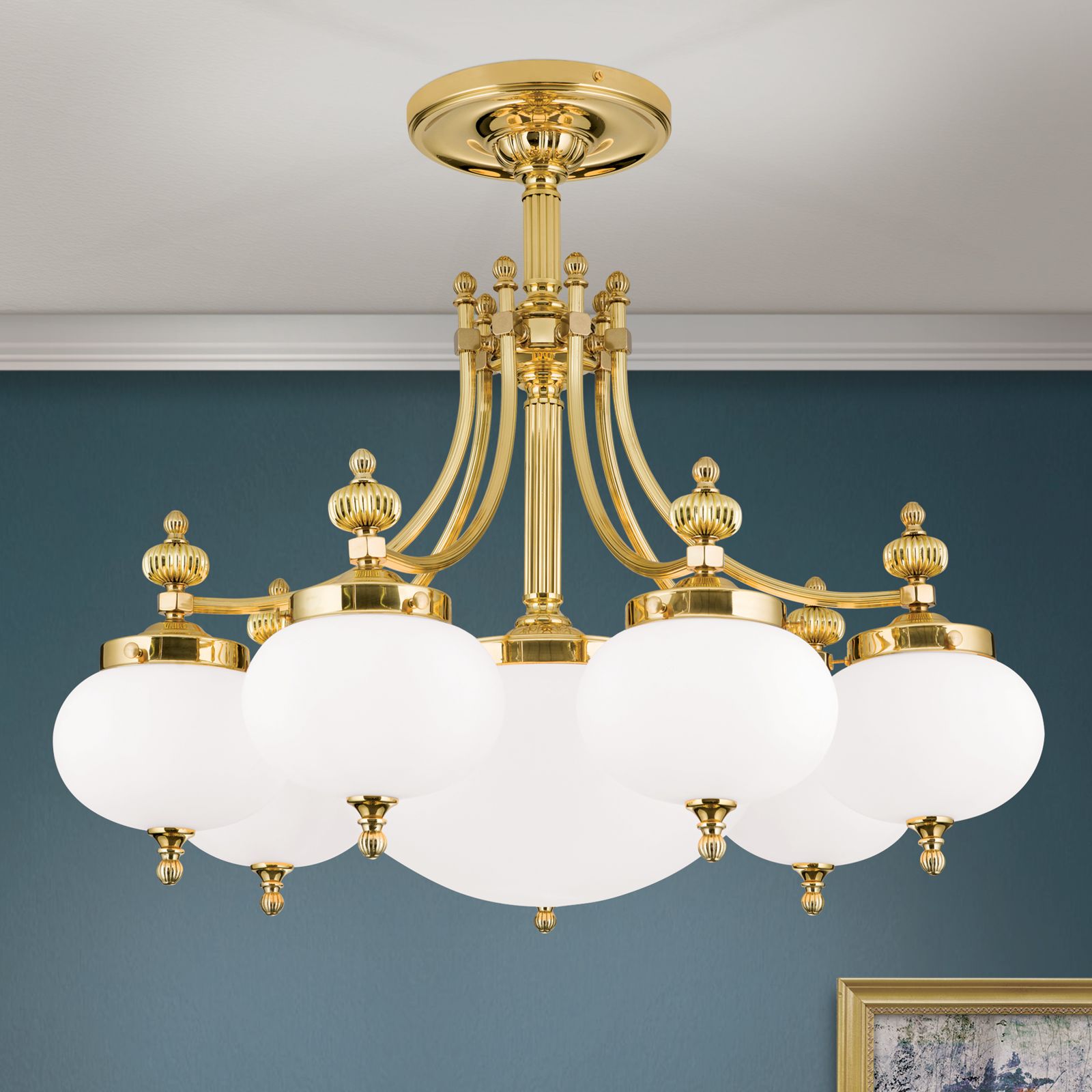Ceiling chandelier WIENER NOSTALGIE, 7+1-flames, shiny brass, with opal matt glass