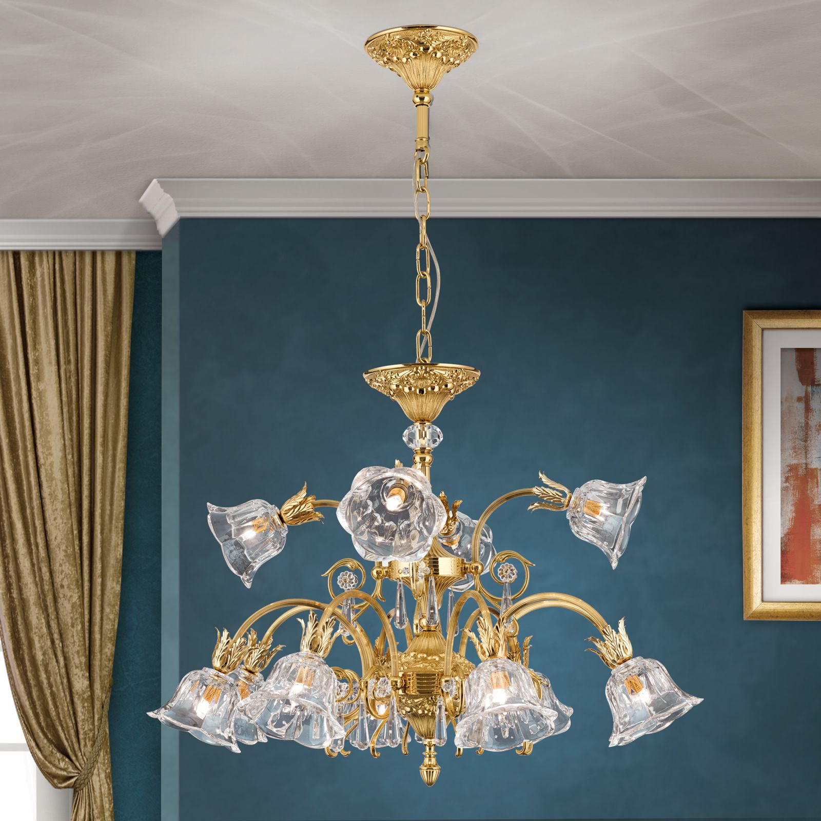 Chandelier LA BOHEME, 12 lamps, 24K gold plated