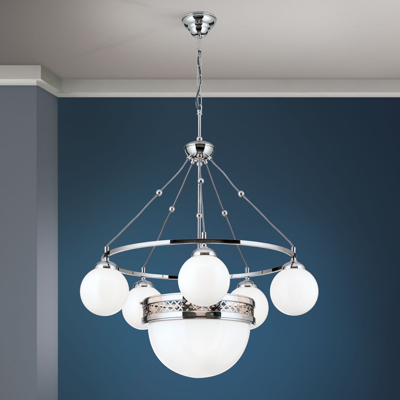 Chandelier ALT WIEN, 5+1 shiny opal glasses, Surface Shiny nickel