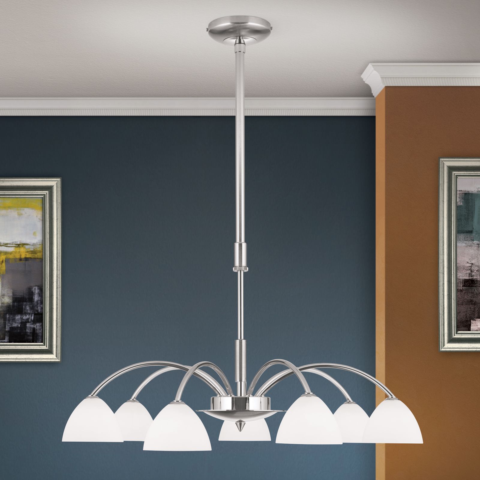 Chandelier OPALDESIGN, 7 lamps, satin chrome with opal glasses