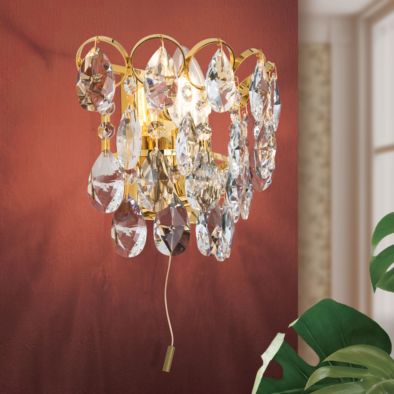 Wandleuchte KRISTALL KLASSISCH, 1-flammig, Gold, mit Zugschalter
