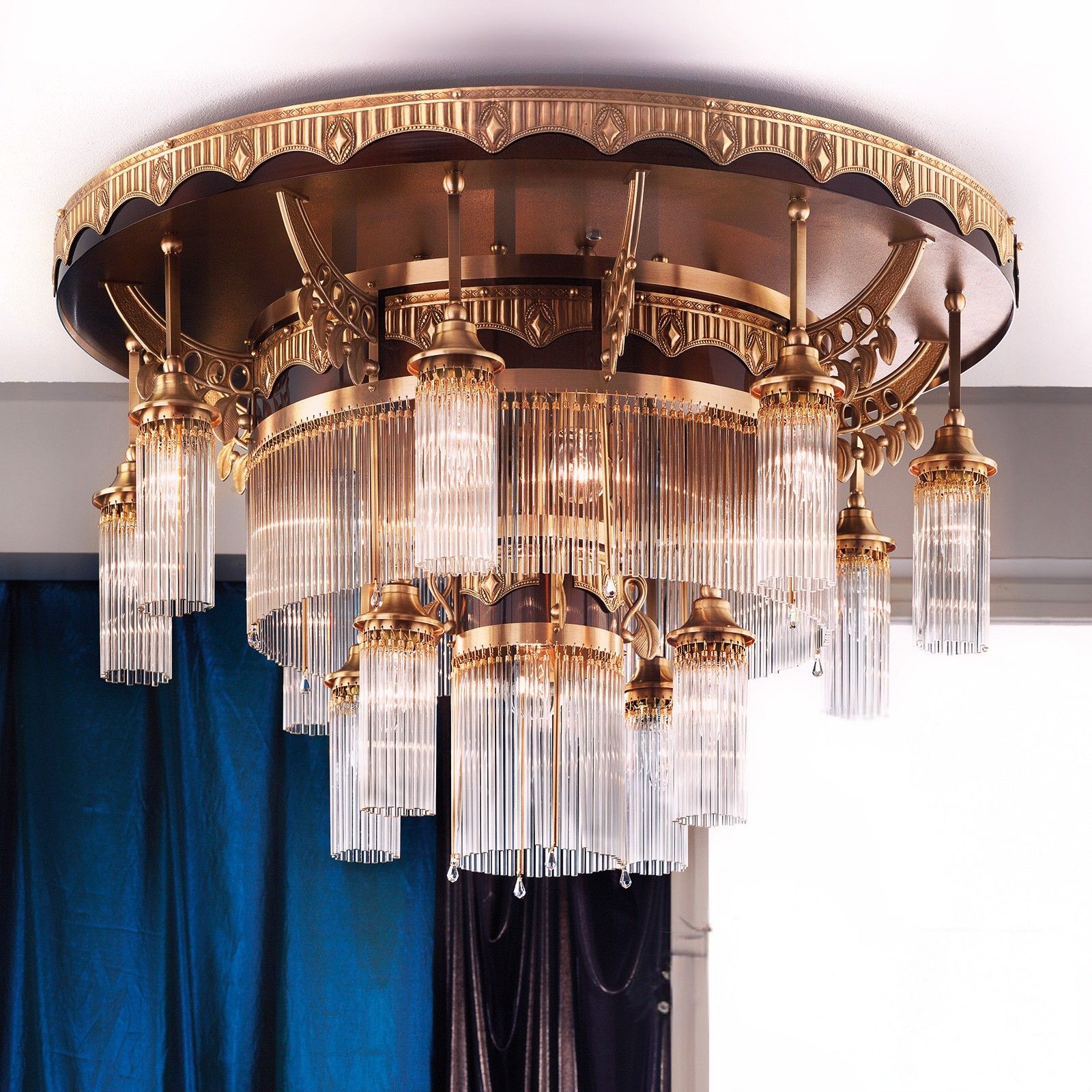 Ceiling chandelier ADELE, 13-flames, antique brass, with glass rods