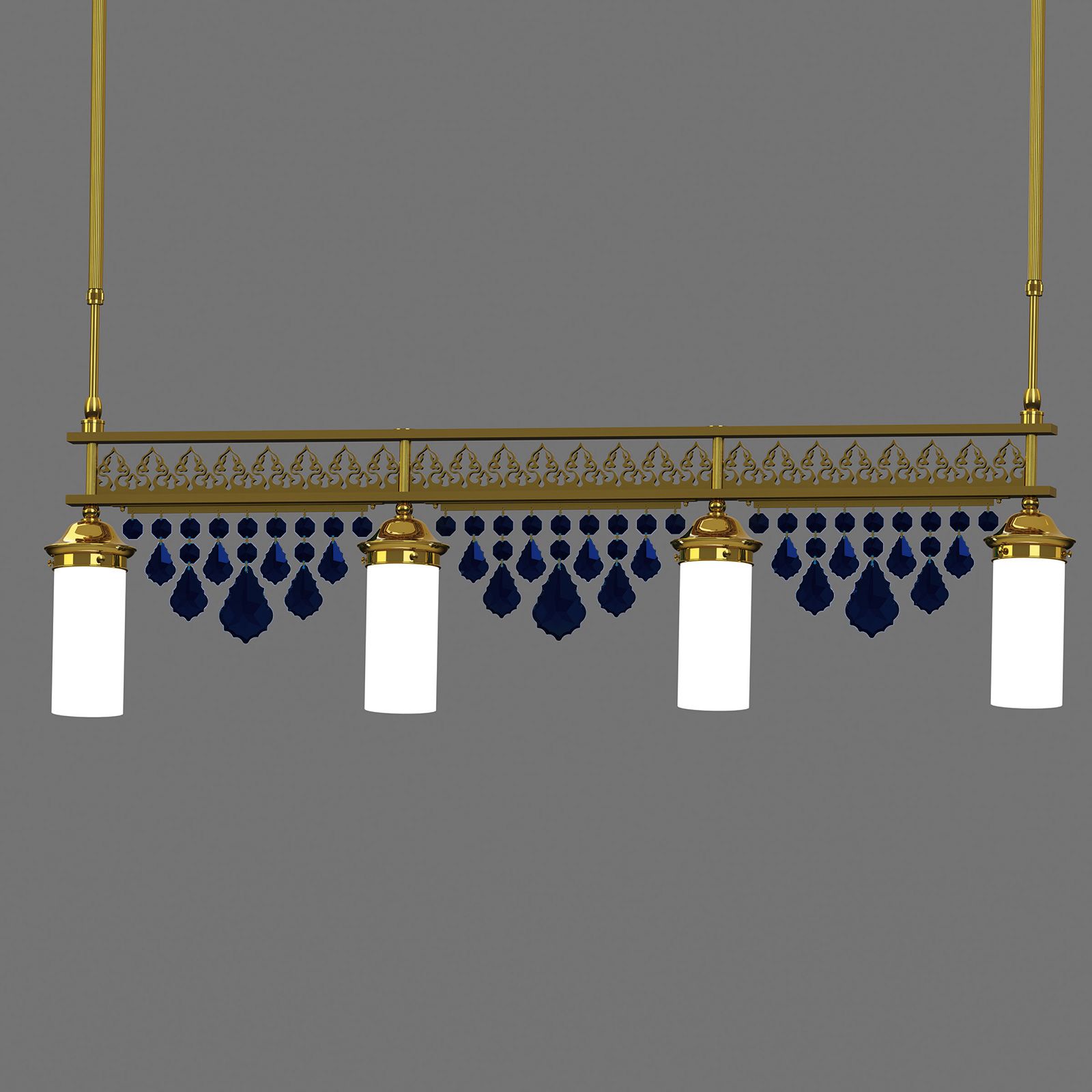 Pendant lamp ORIONtal, 4-flames, gold, with blue crystal pendants