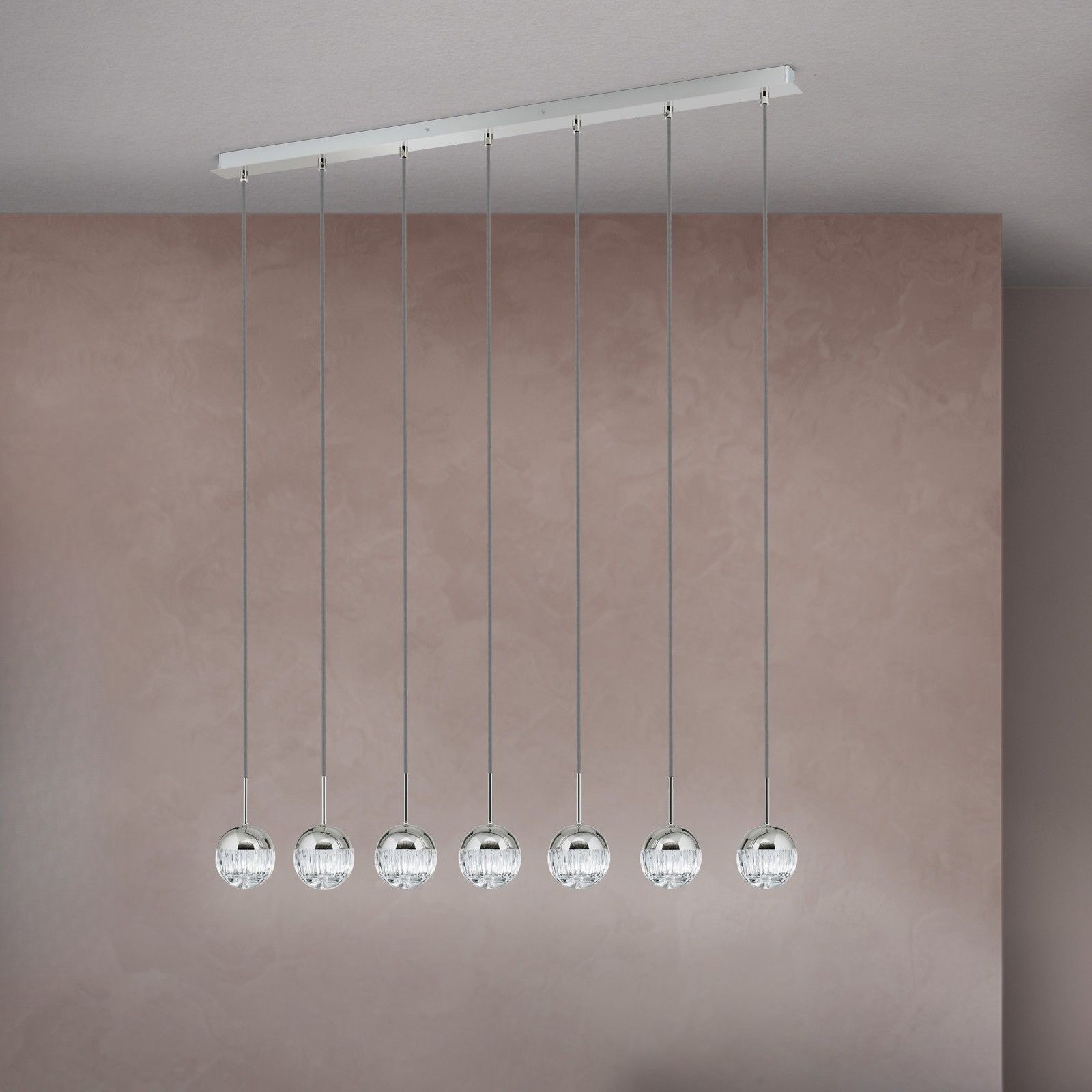 7-flames pendant lamp BALL, nickel, with silver textile cable and clear crystal glass in line cut