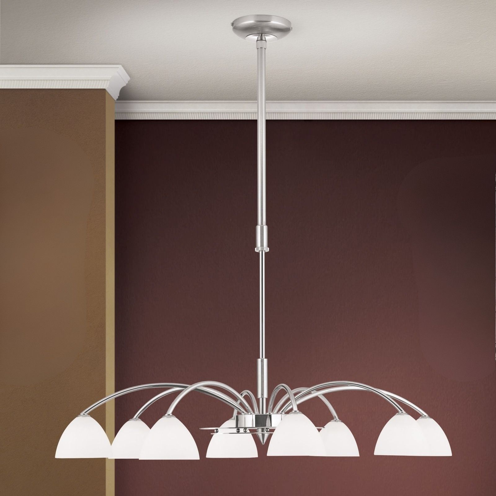 OPALDESIGN chandelier, 8 lamps, satin chrome with opal glasses