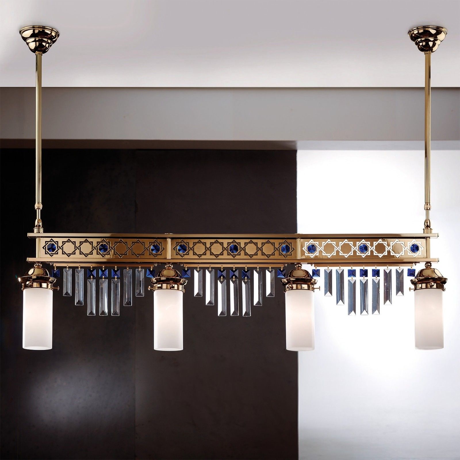 Pendant lamp ORIONtal, 4-flames, gold, with blue crystal prisms