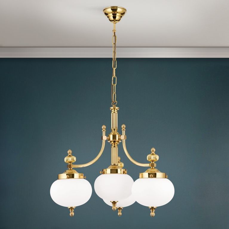 Luster WIENER NOSTALGIE, 3+1-flammig, Messing-glänzend, mit opal matten Gläsern, abwärts