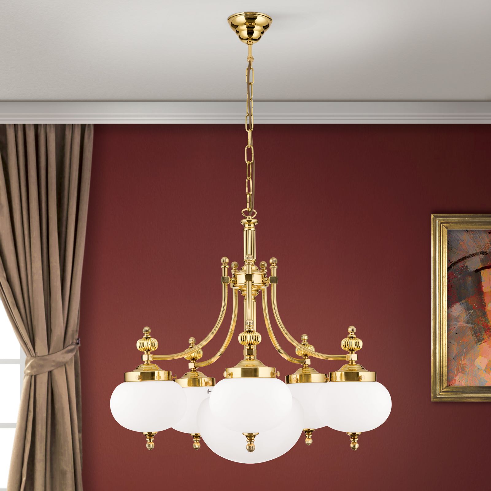 Chandelier WIENER NOSTALGIE, 5+1-lamps, shiny brass, with opal matt glass, downwards