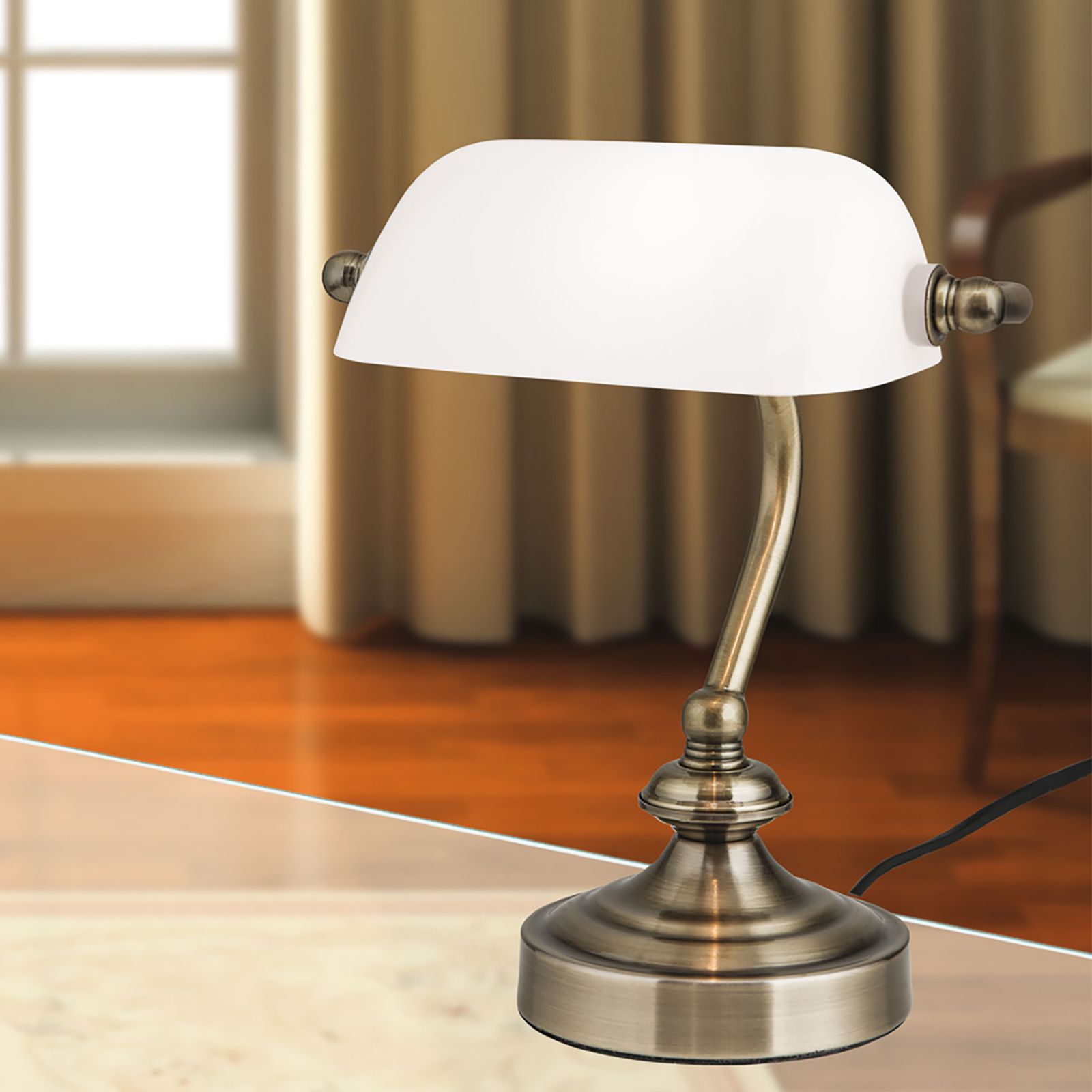 Small banker's lamp, patina, with opal glass