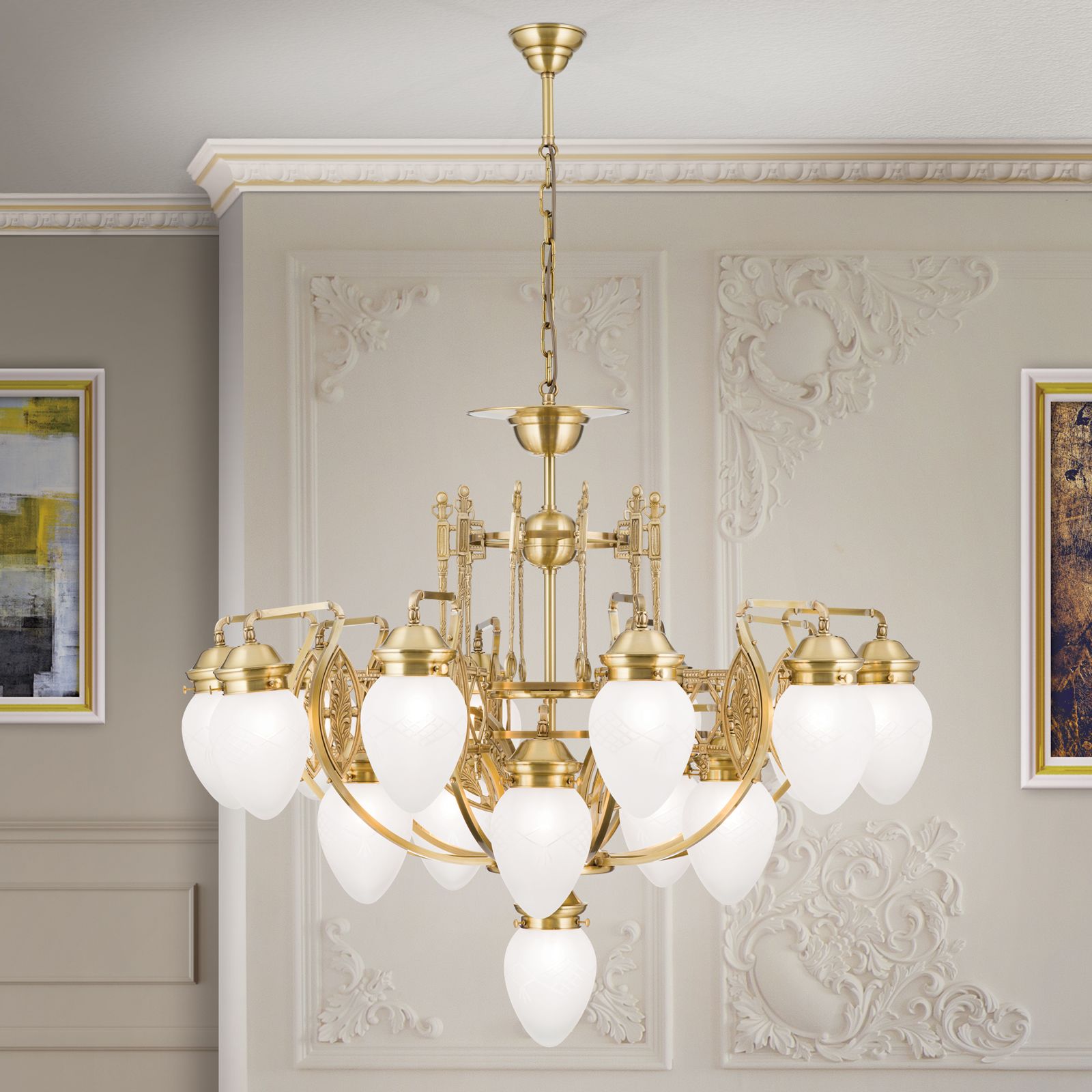 Chandelier BUDAPEST, 16-flames, bronze, with clear frosted glass