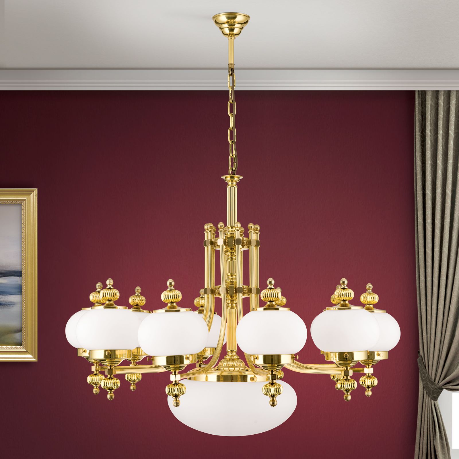Chandelier WIENER NOSTALGIE, 10+1-flames, shiny brass, with opal matt glass, upwards