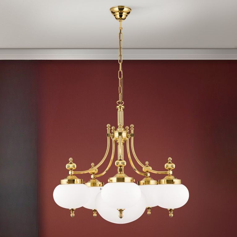 Chandelier WIENER NOSTALGIE, 5+1-lamps, shiny brass, with opal matt glass, downwards